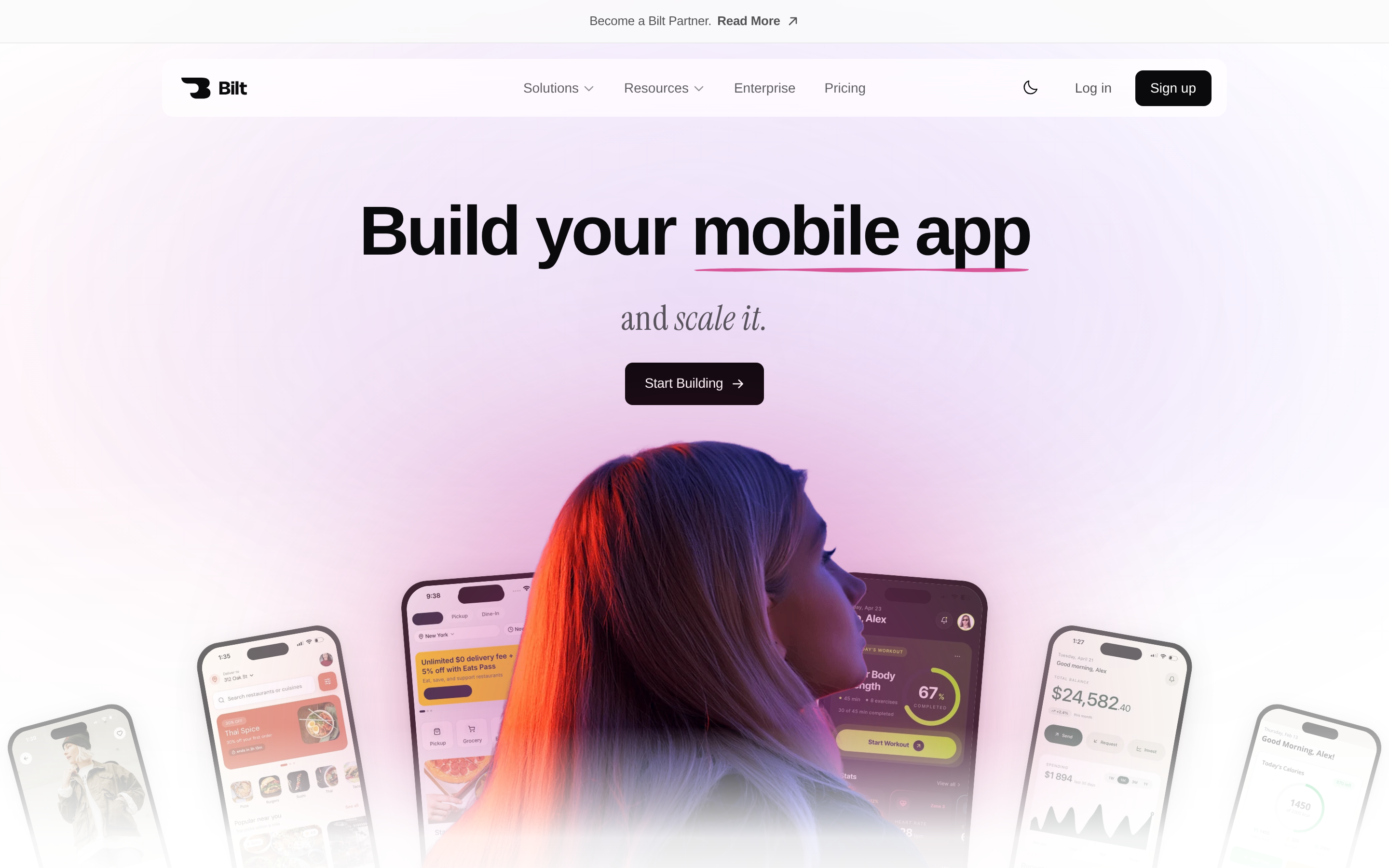 Bilt homepage showing the app builder preview and Start Building CTA