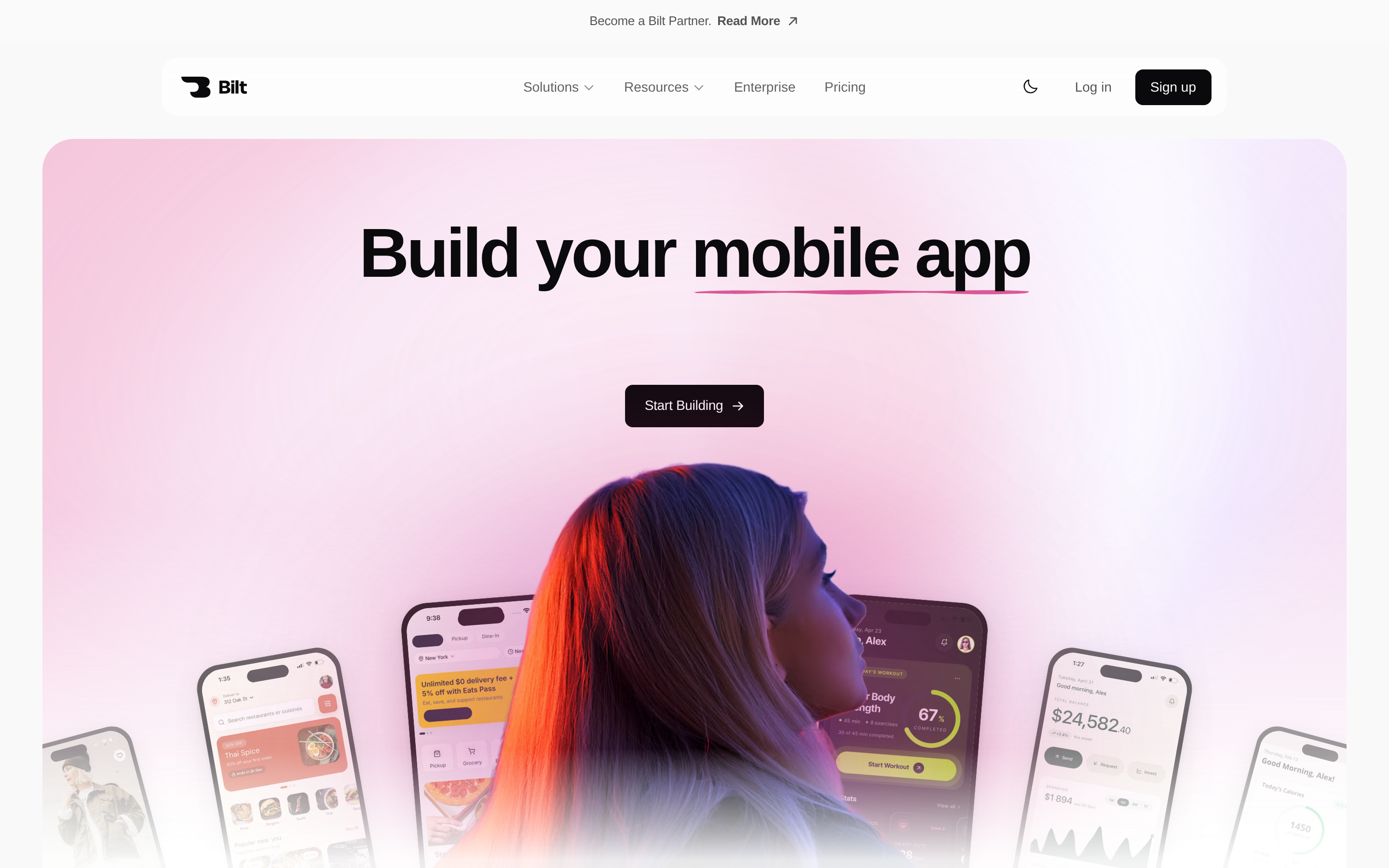 Bilt landing page: describe your app idea in plain English and get a real native iOS and Android app