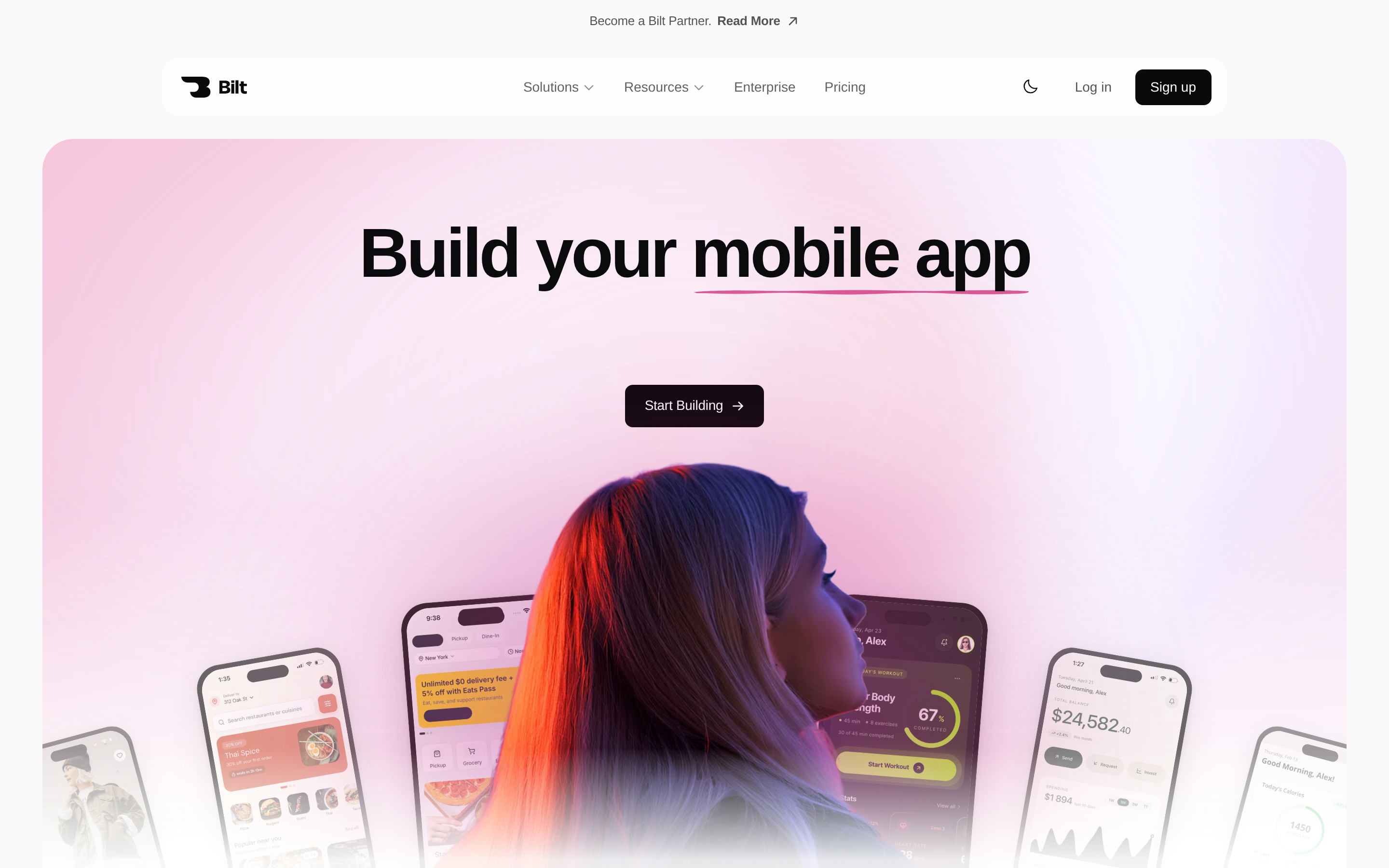 Bilt landing page showing AI-generated native iOS and Android apps built from plain-English prompts