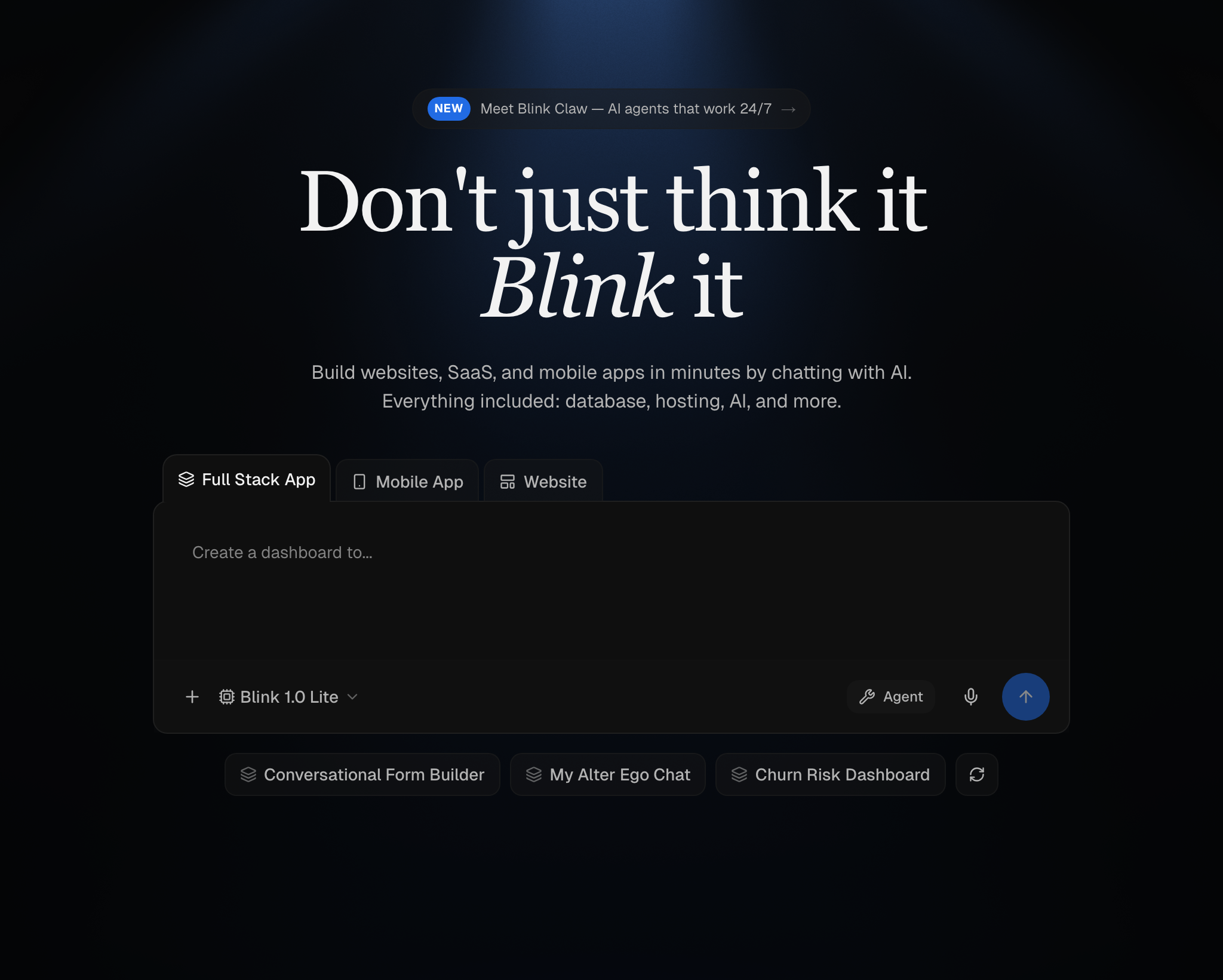 Blink landing page hero showing its full-stack app builder positioning