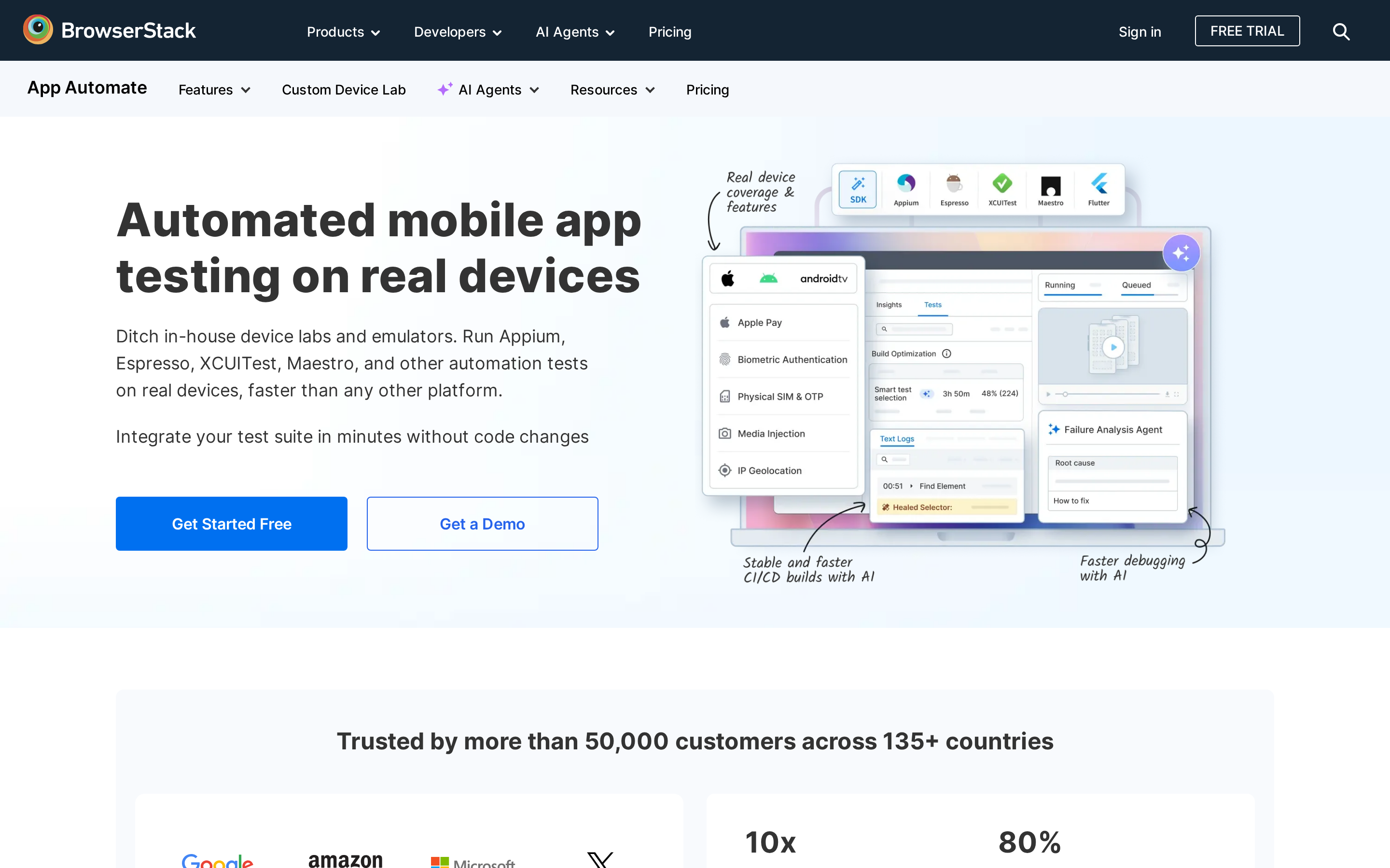 BrowserStack App Automate running mobile automation on hosted real Android and iOS devices