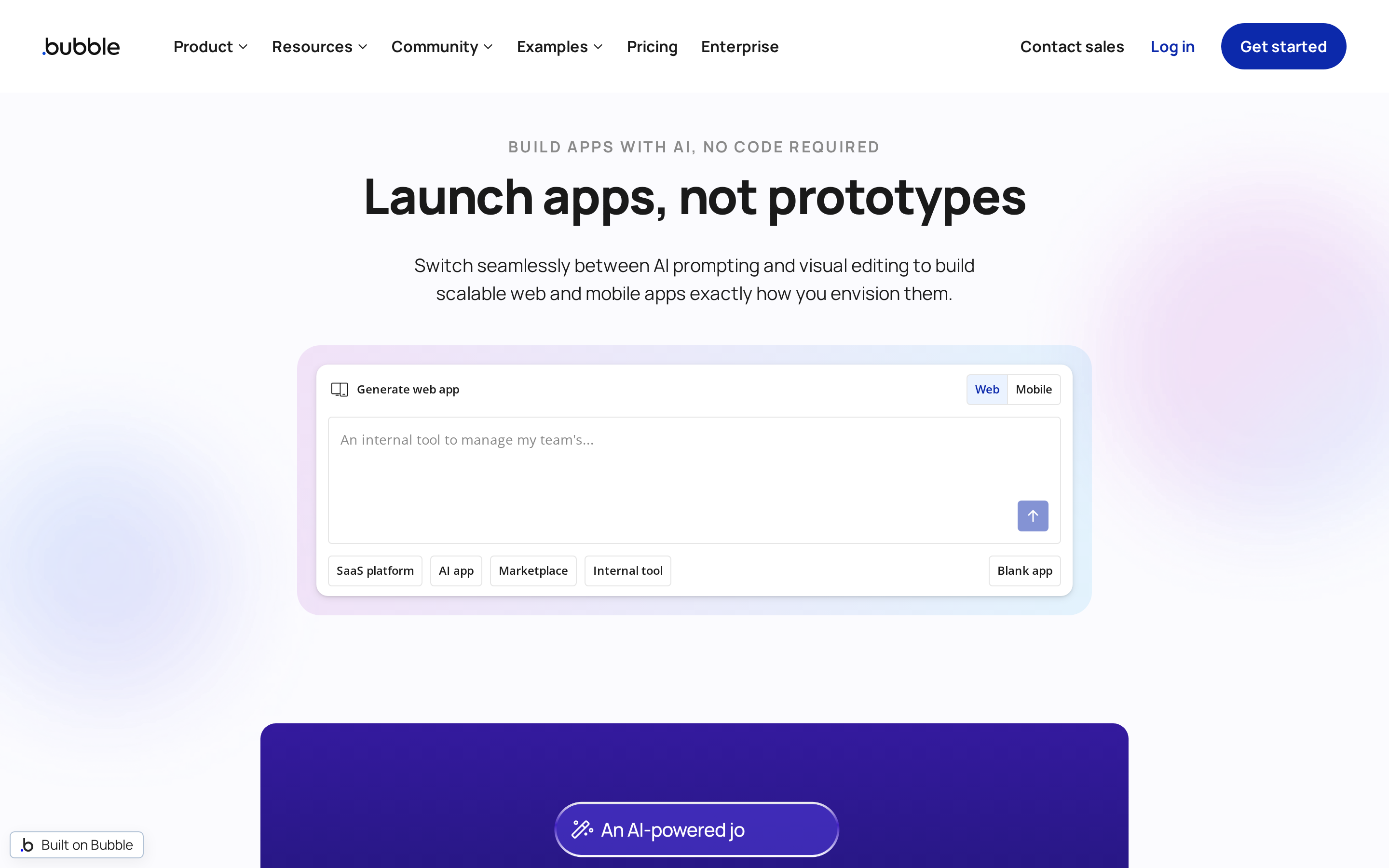 Bubble landing page: visual app builder with custom databases, workflows, and API integrations