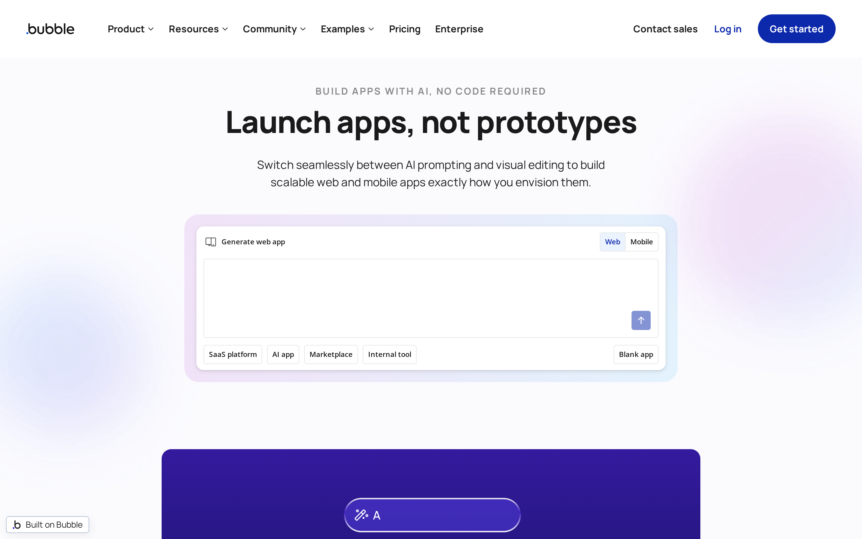 Bubble landing page: visual builder for web apps and native mobile apps on one backend