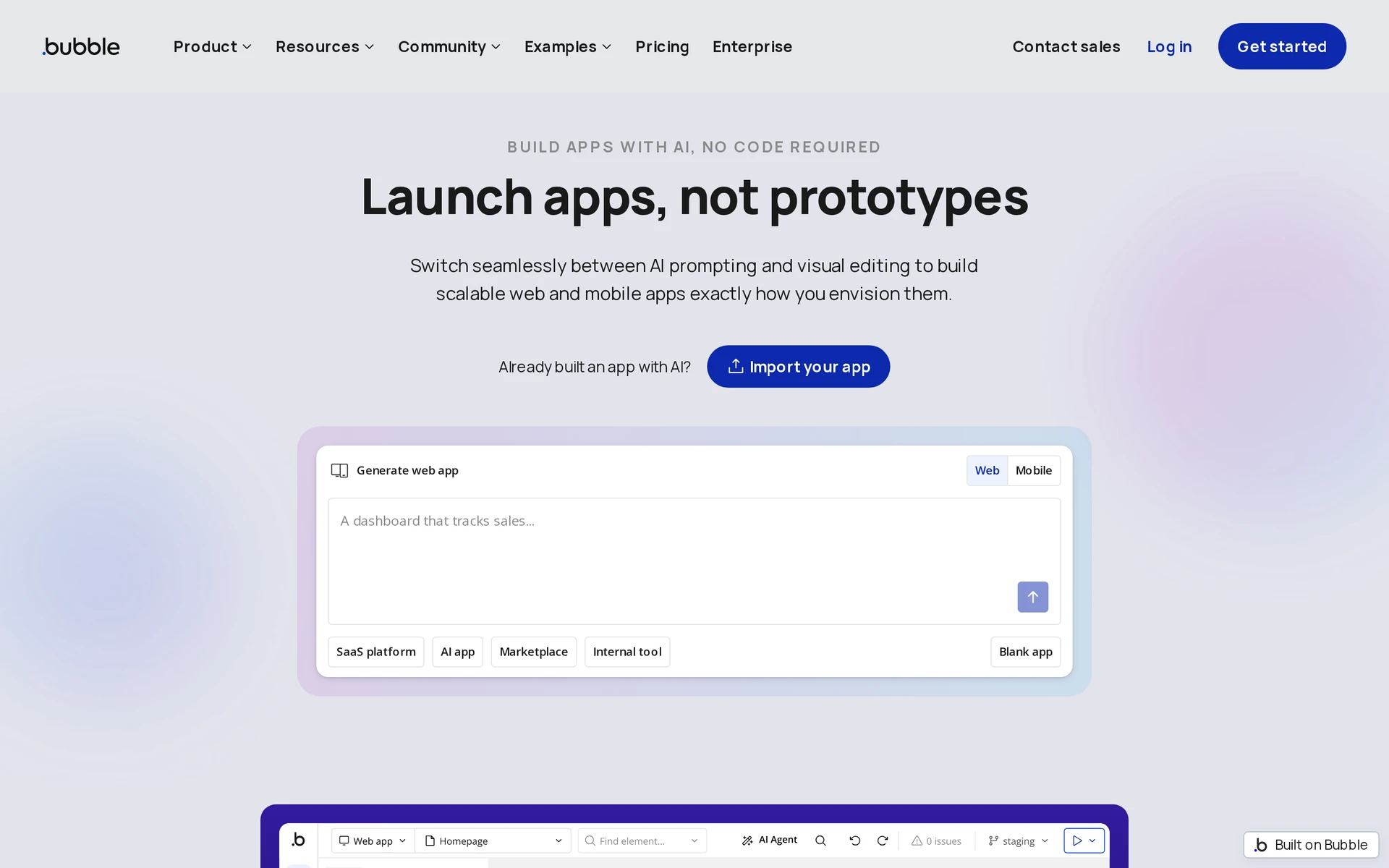 Bubble visual builder for web and mobile apps with connected data