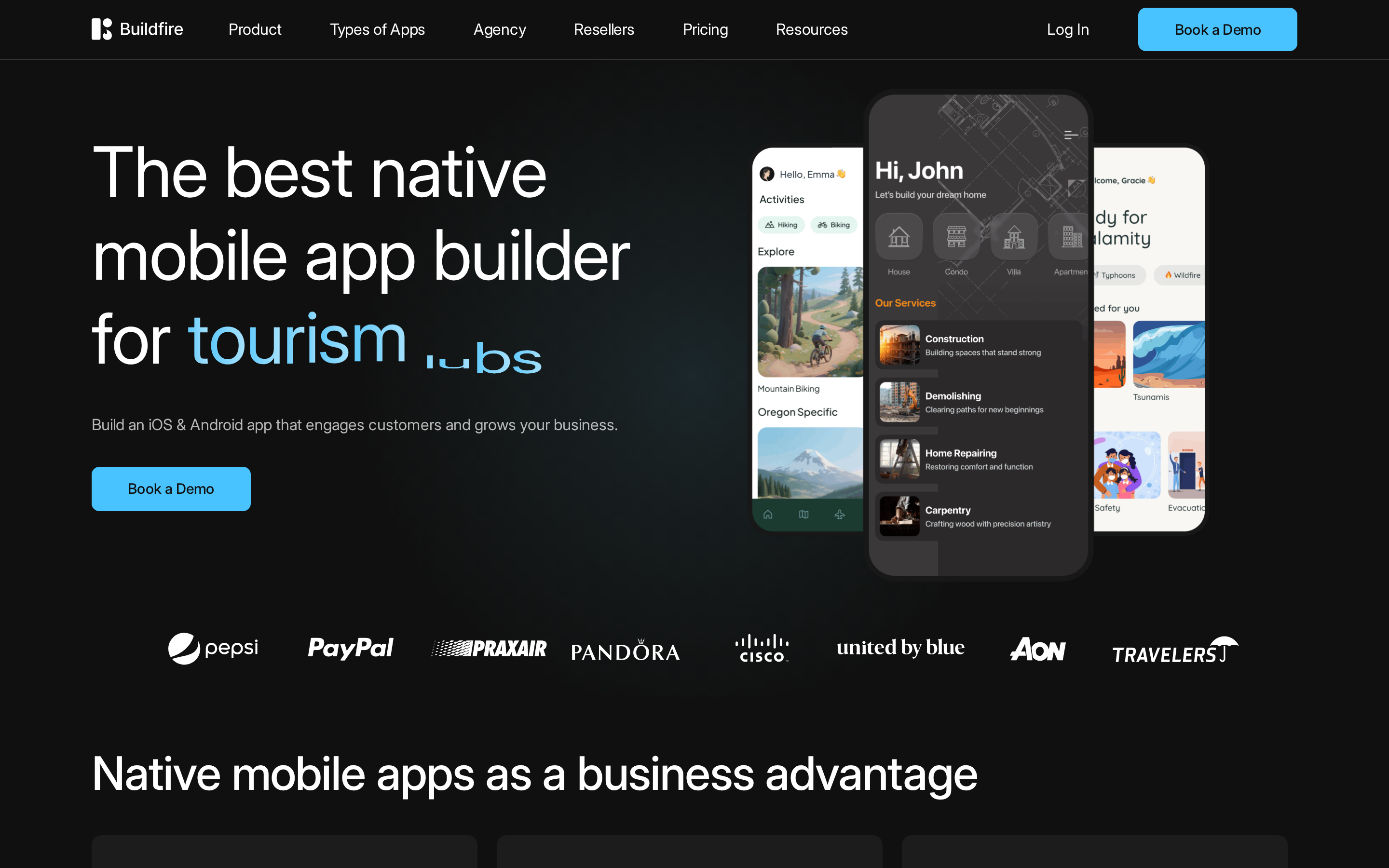 BuildFire landing page: no-code platform for native iOS and Android business apps
