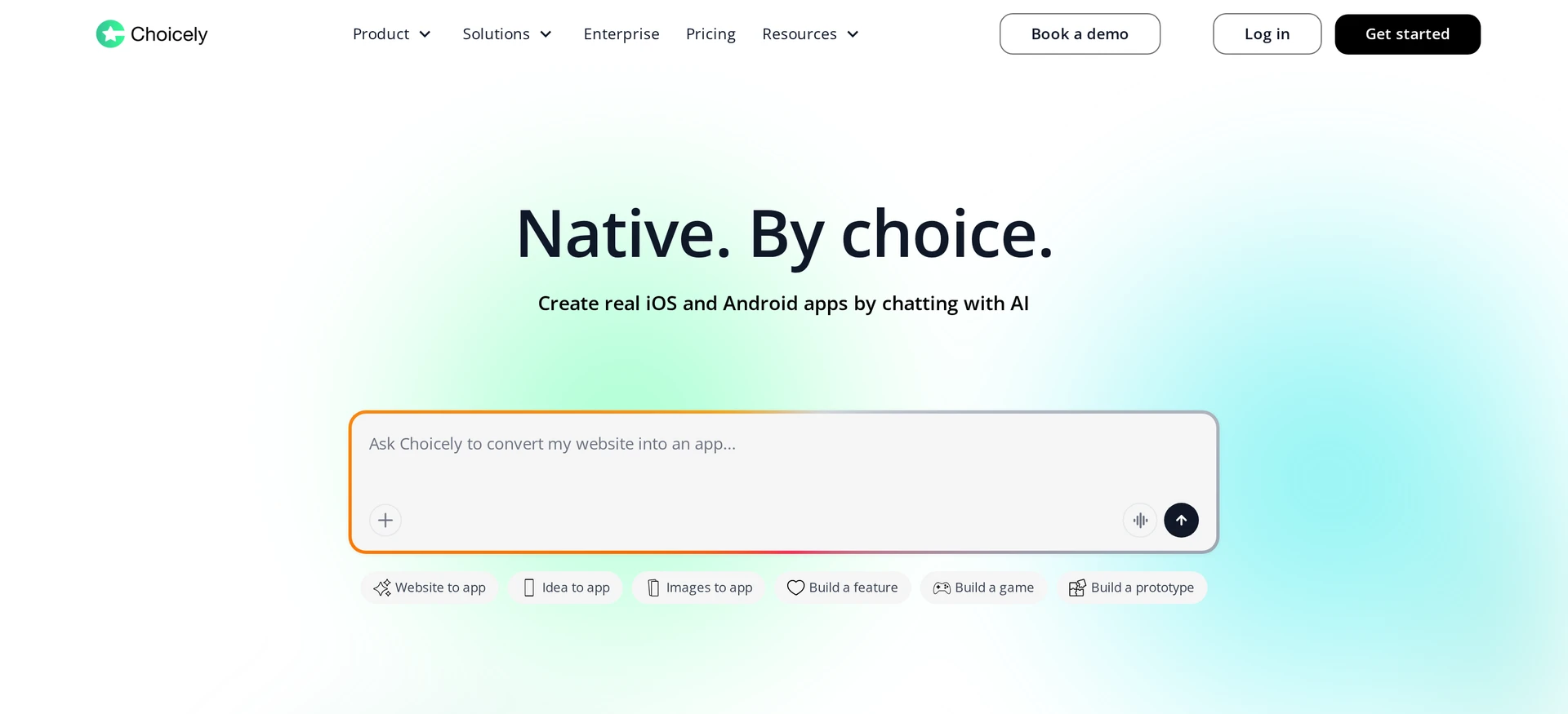 Choicely native app builder with an AI prompt field and website-to-app starting option