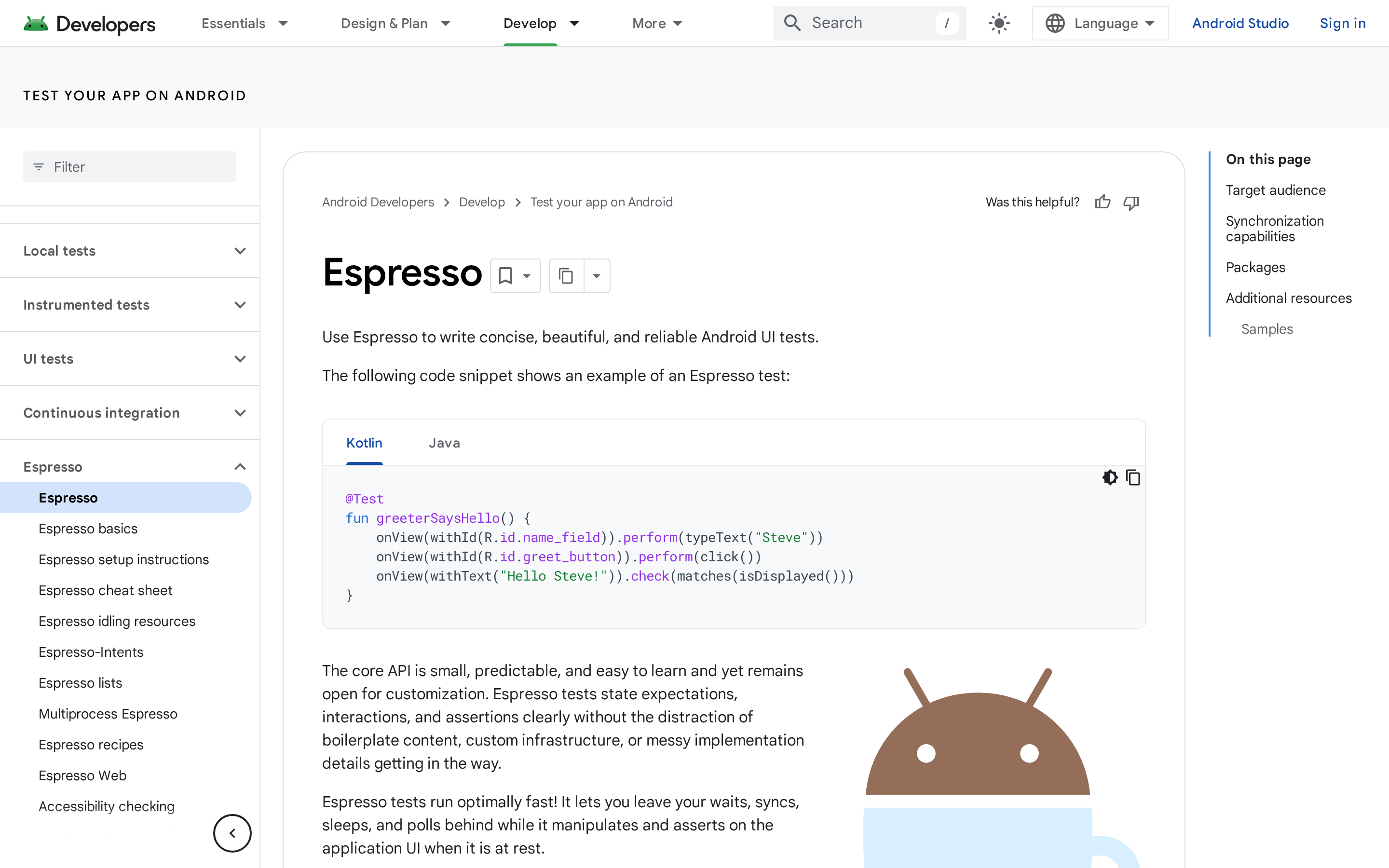 Espresso, Google's native Android UI test framework built into the Android Studio workflow
