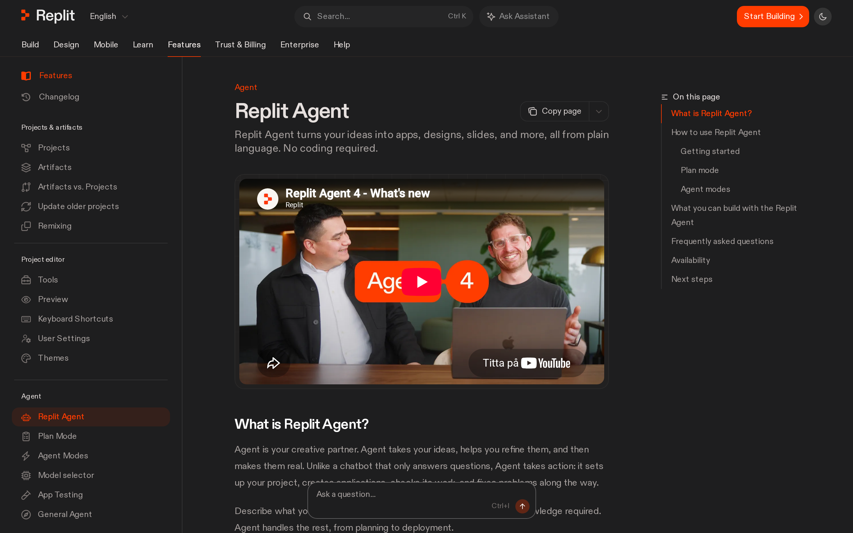 Replit Agent page describing an AI agent that turns plain language into working apps