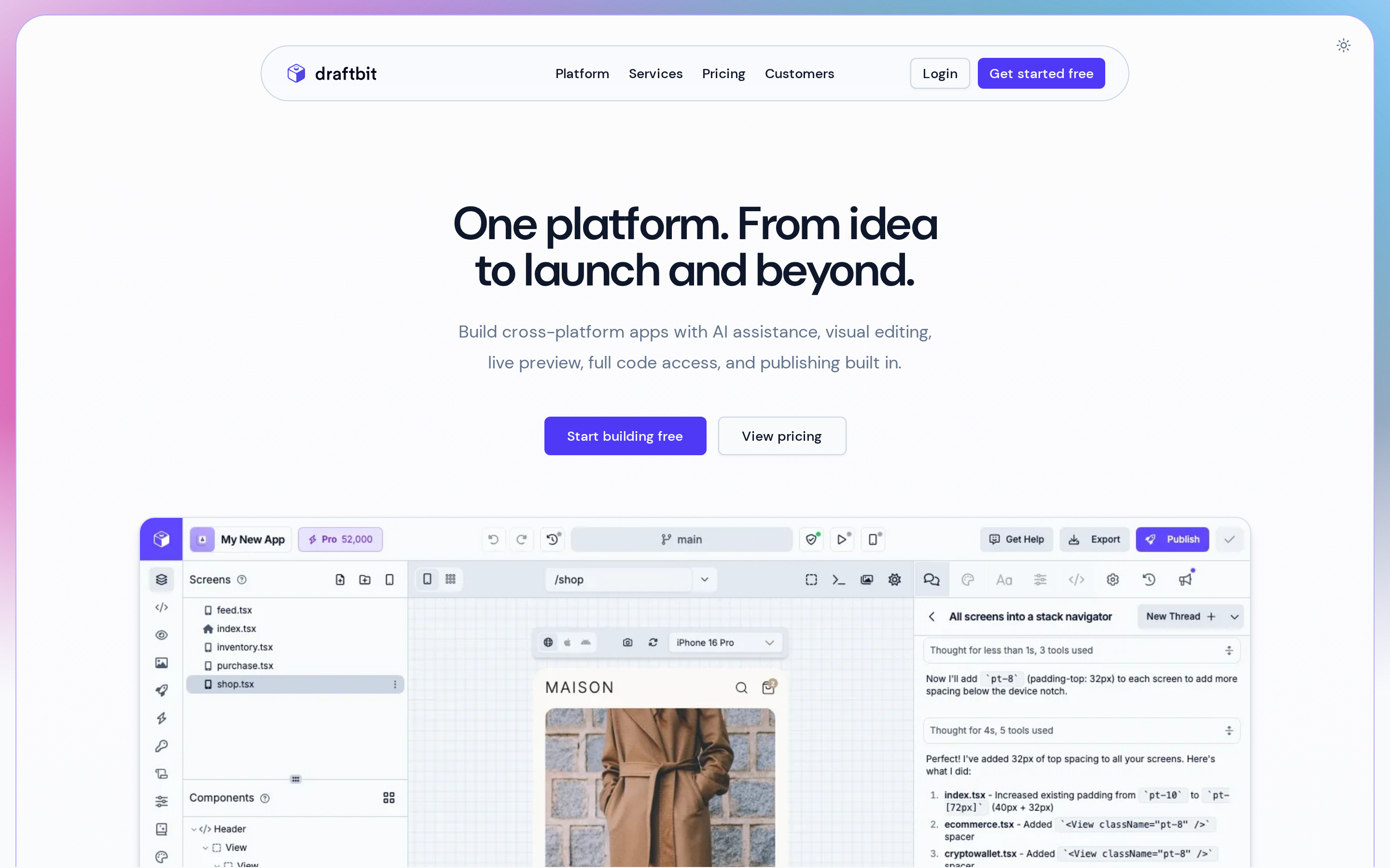 Draftbit's visual app builder showing canvas, code editor, and AI assistant panel