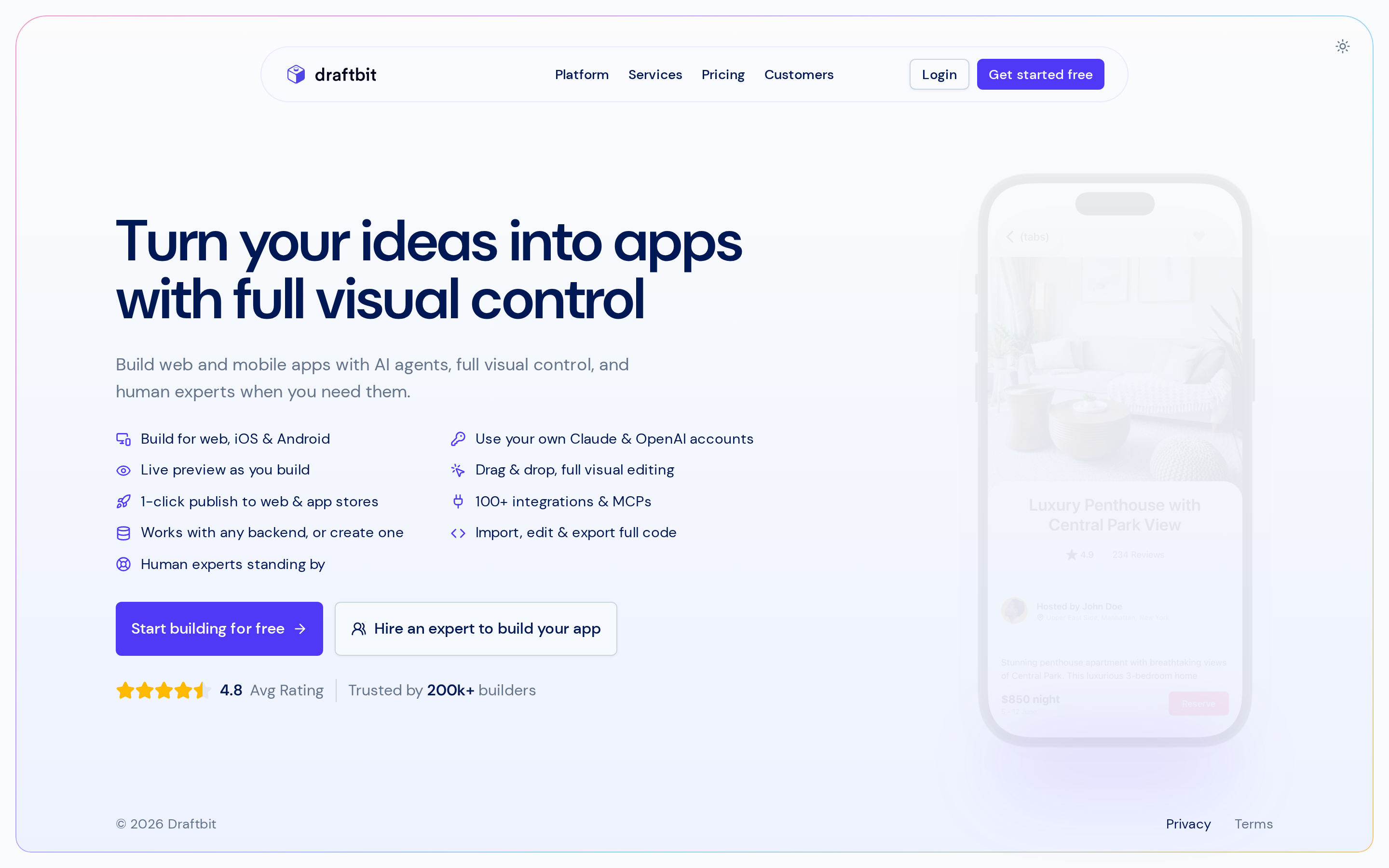 Draftbit landing page: visual React Native builder with standard source code export