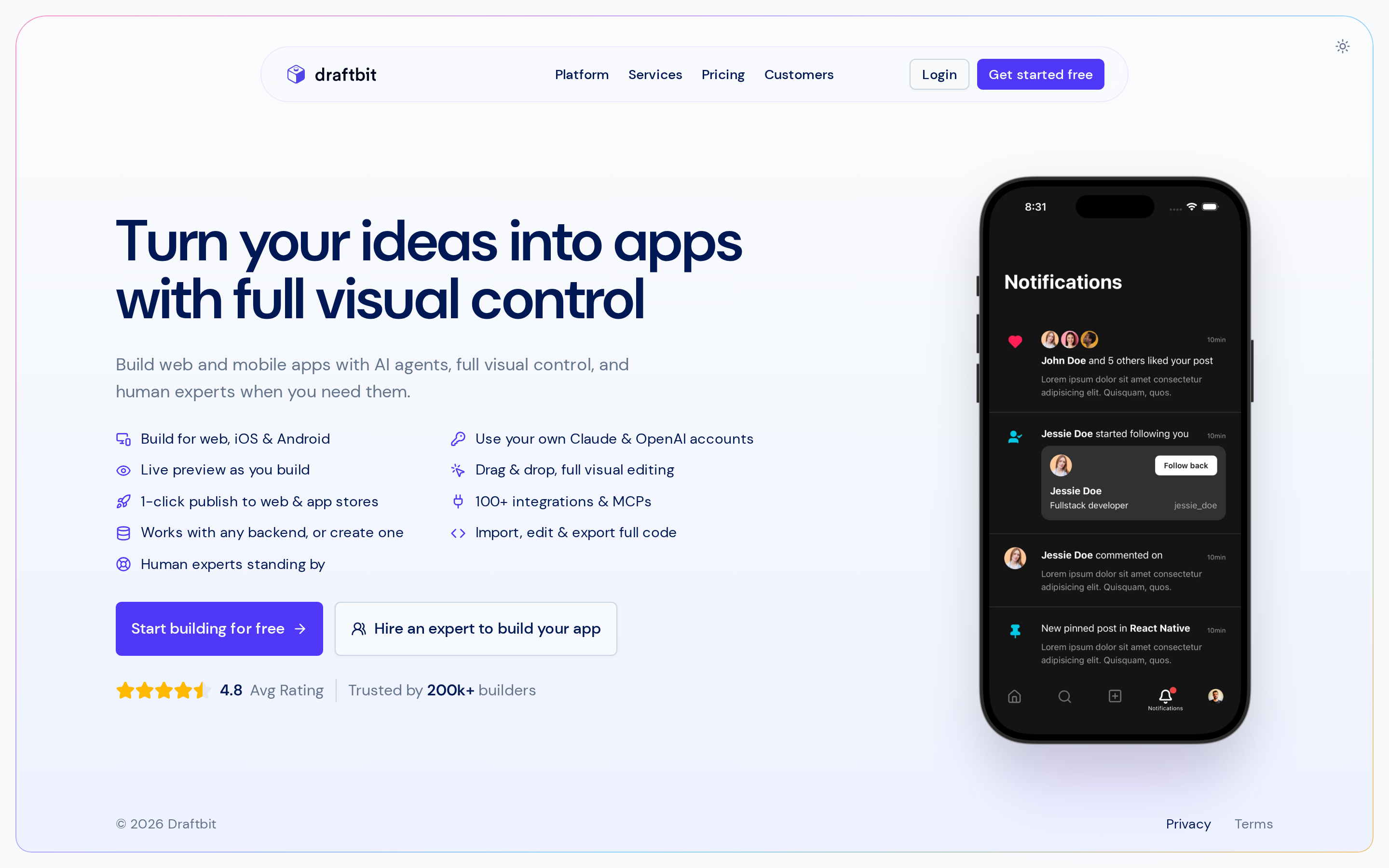 Draftbit landing page showing its low-code React Native builder with full source code export