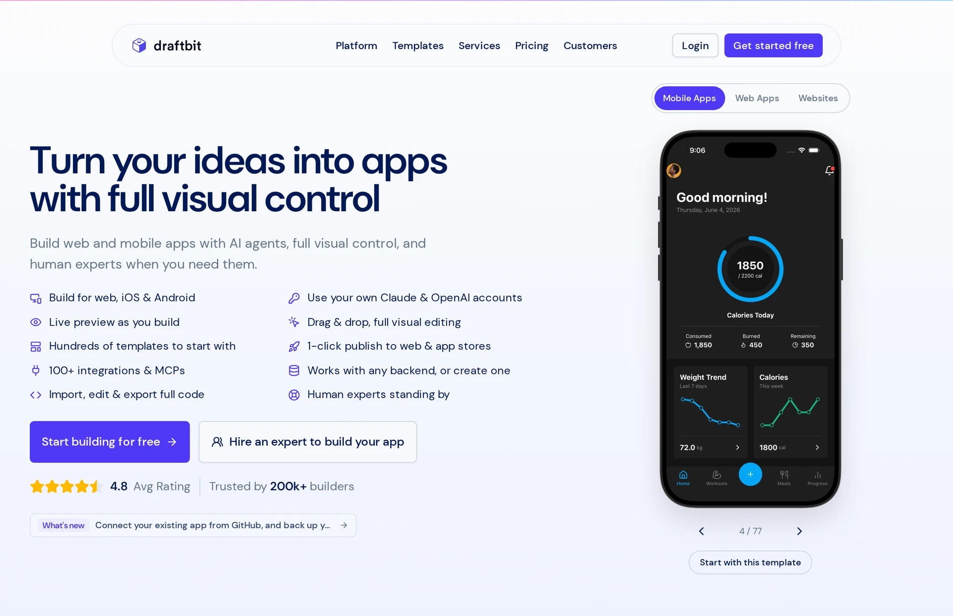 Draftbit visual app builder homepage with a fitness-app preview and source-code export features