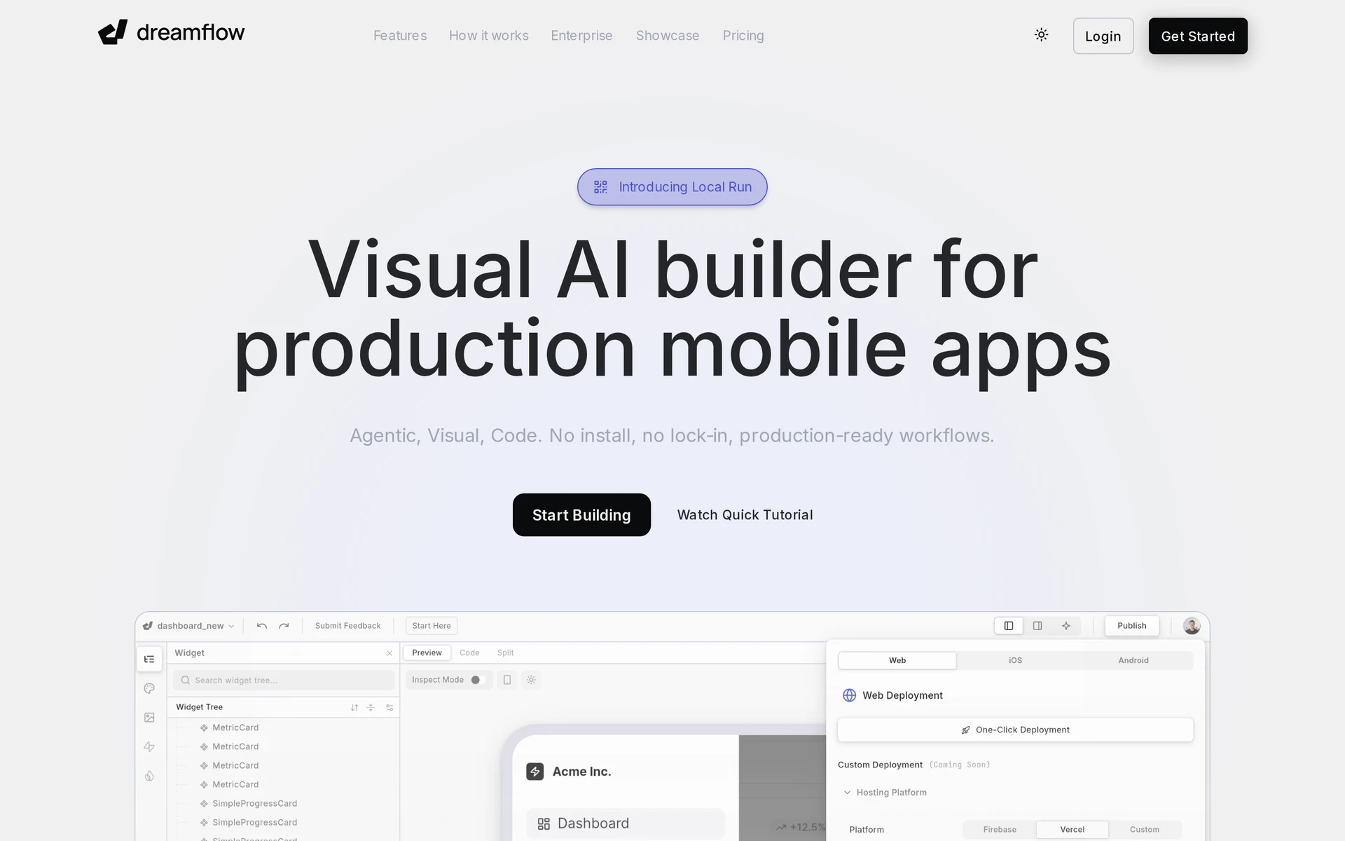 Dreamflow visual app builder homepage with widget-tree, preview, code and deployment controls