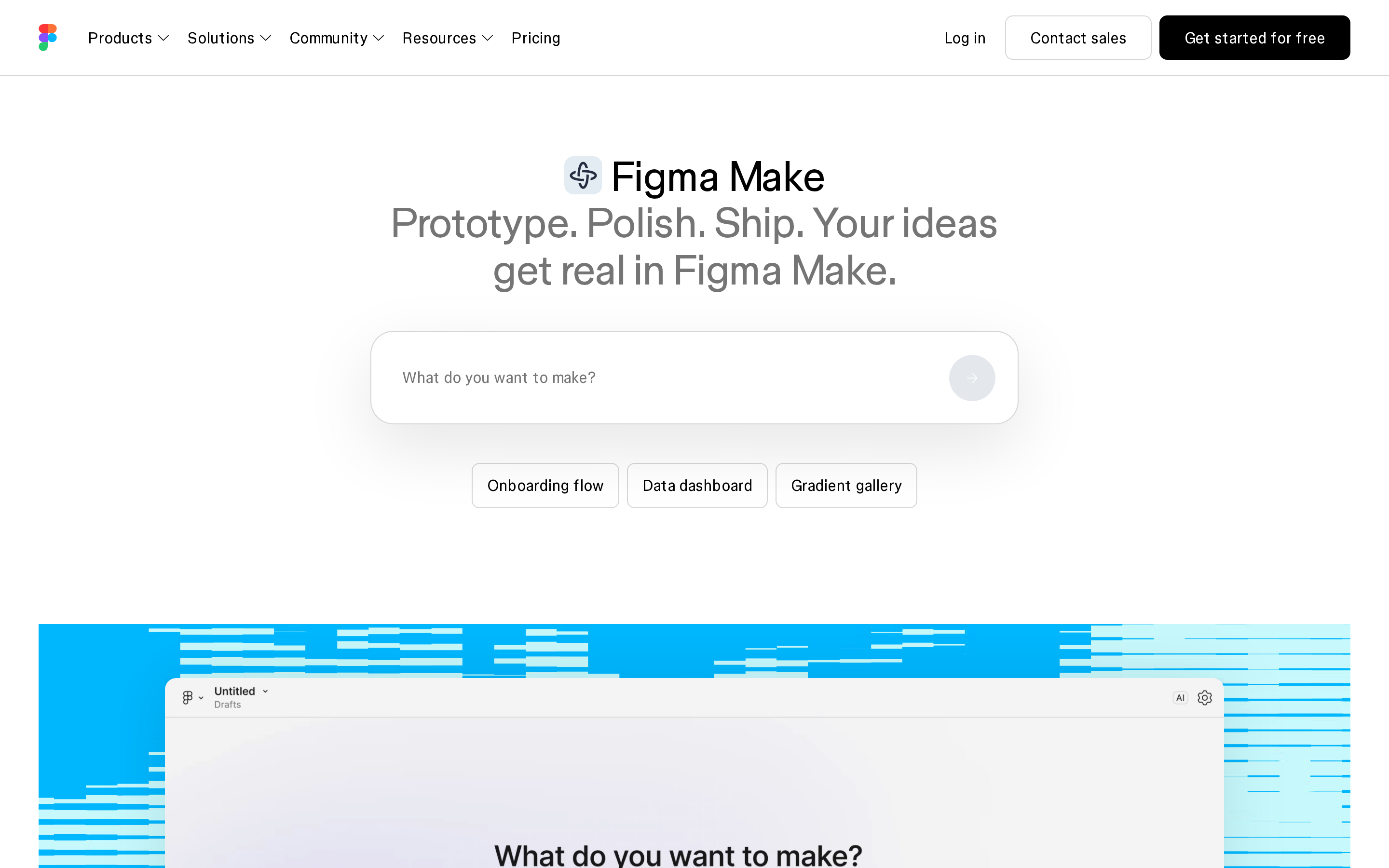 Figma Make landing page showing prompt-based UI generation inside Figma