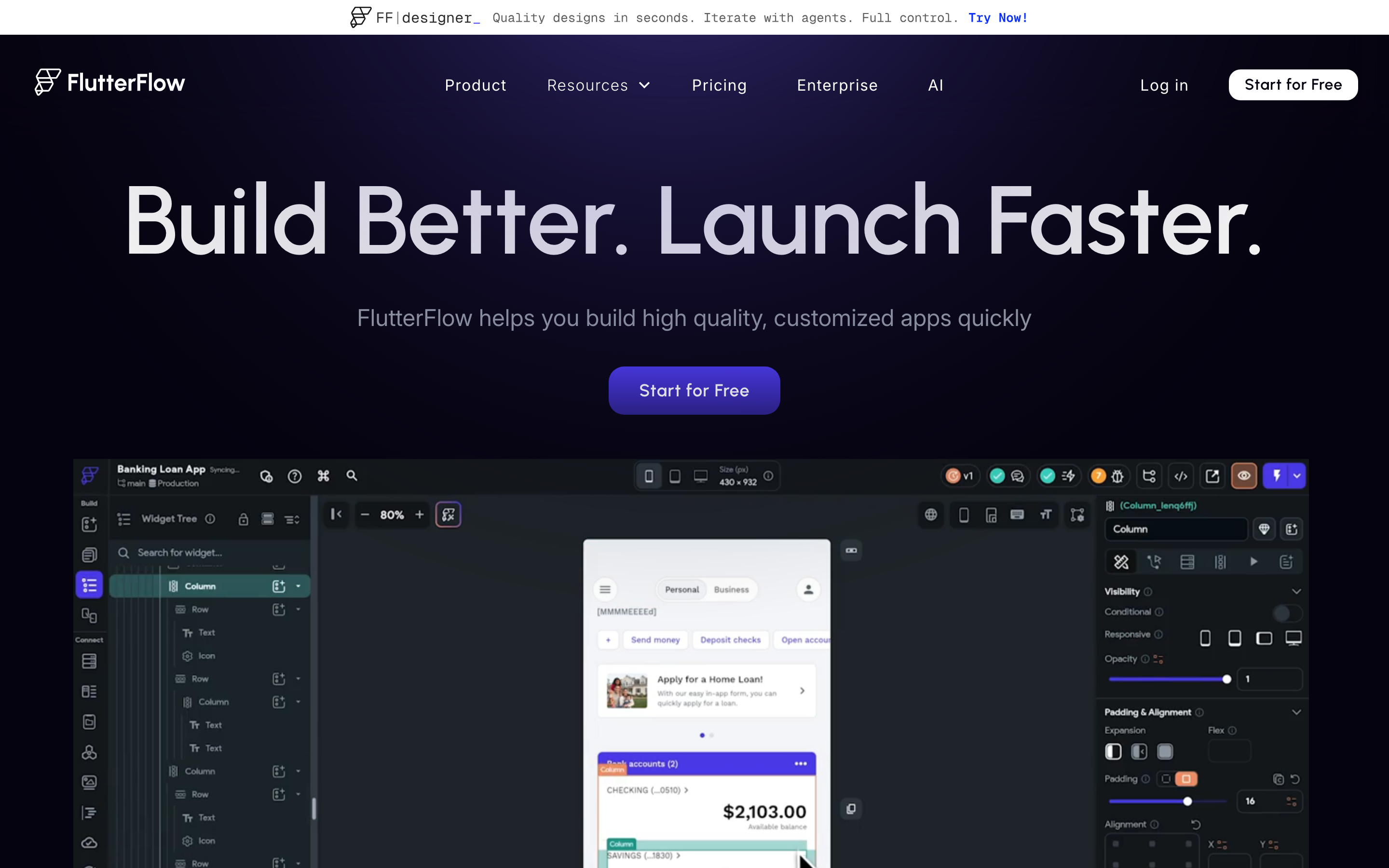 FlutterFlow landing page hero showing its visual app builder and Flutter positioning