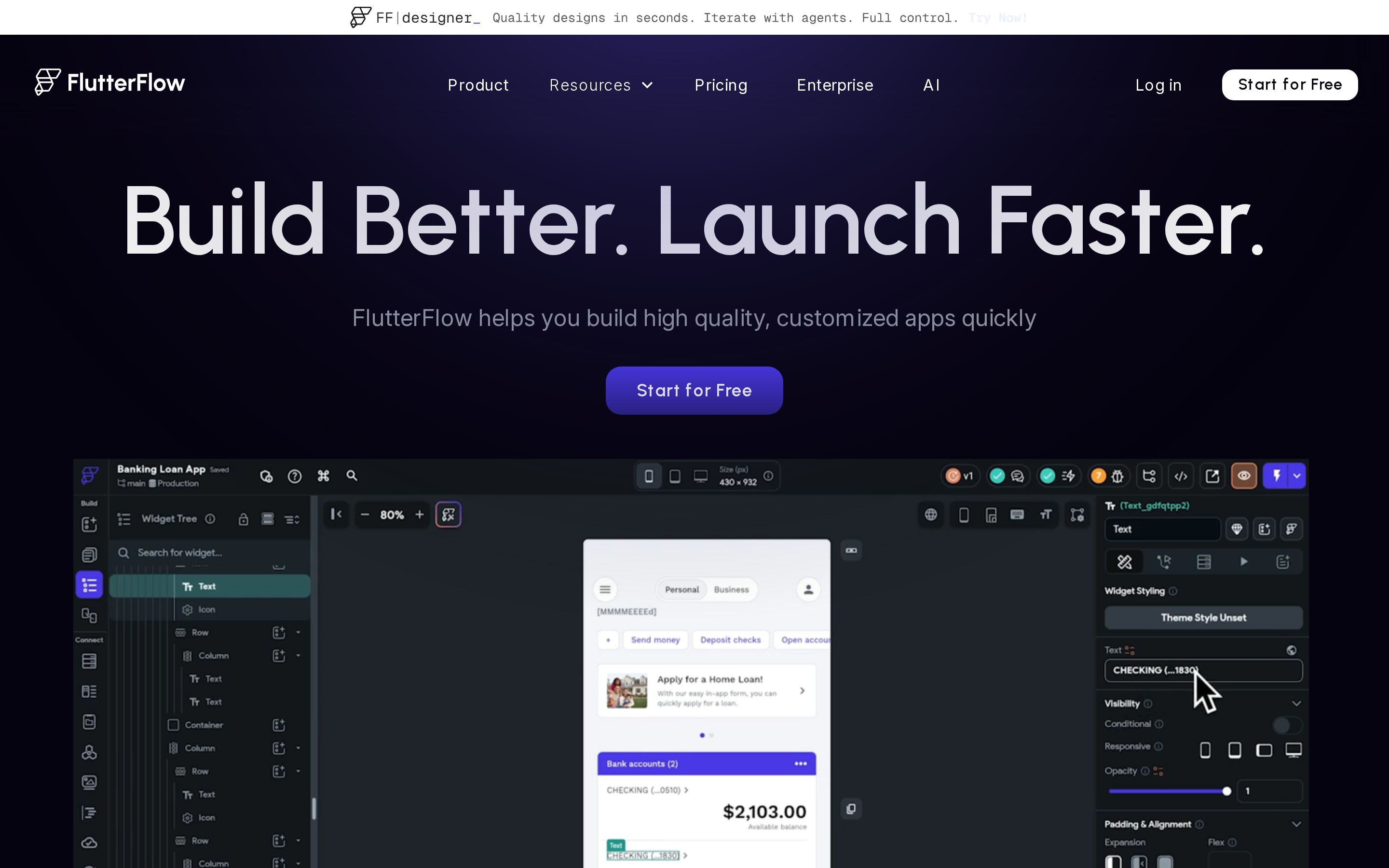 FlutterFlow's visual editor — drag-and-drop canvas with Flutter code export panel