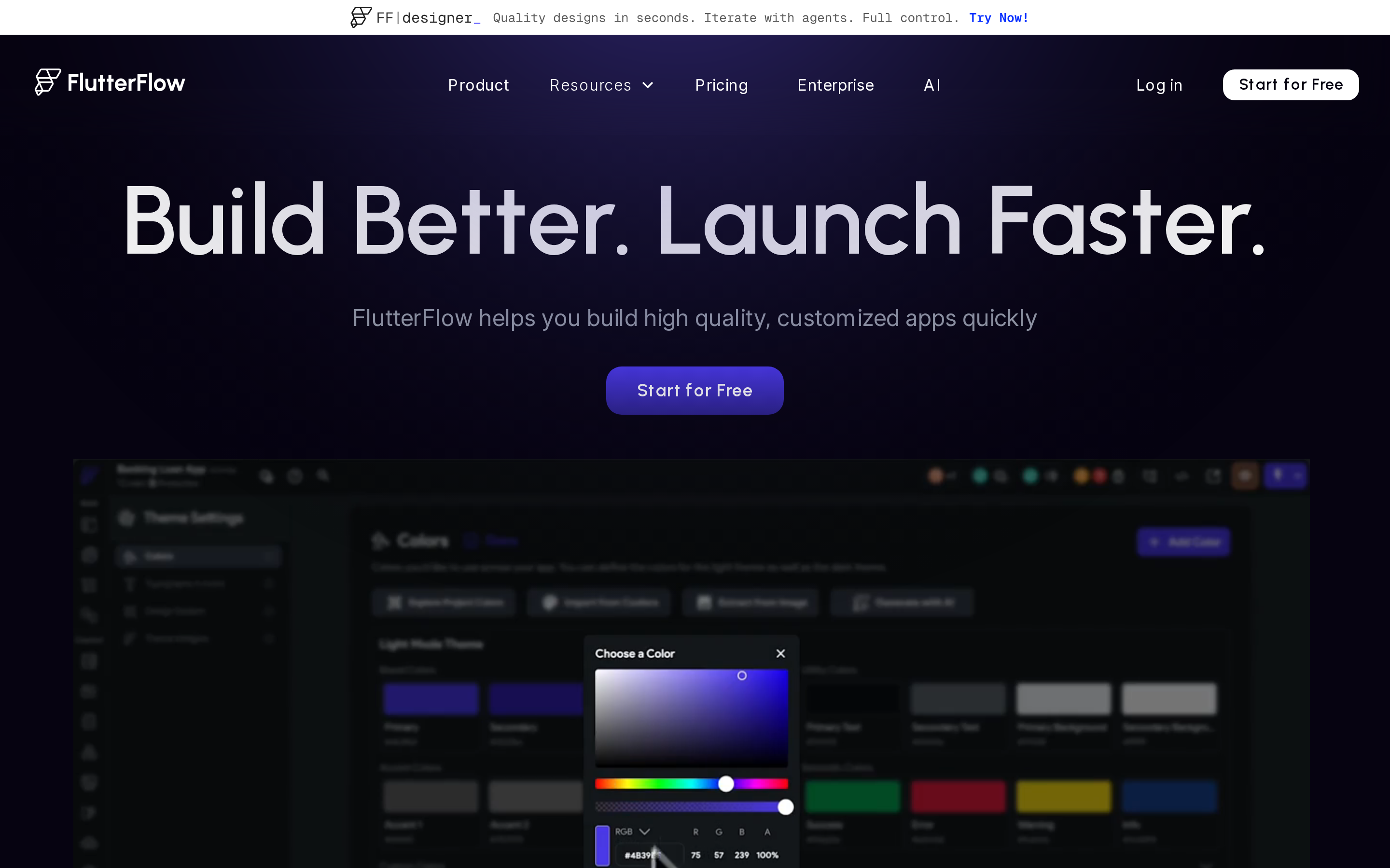 FlutterFlow visual editor with pixel-perfect design tools and Flutter code panel