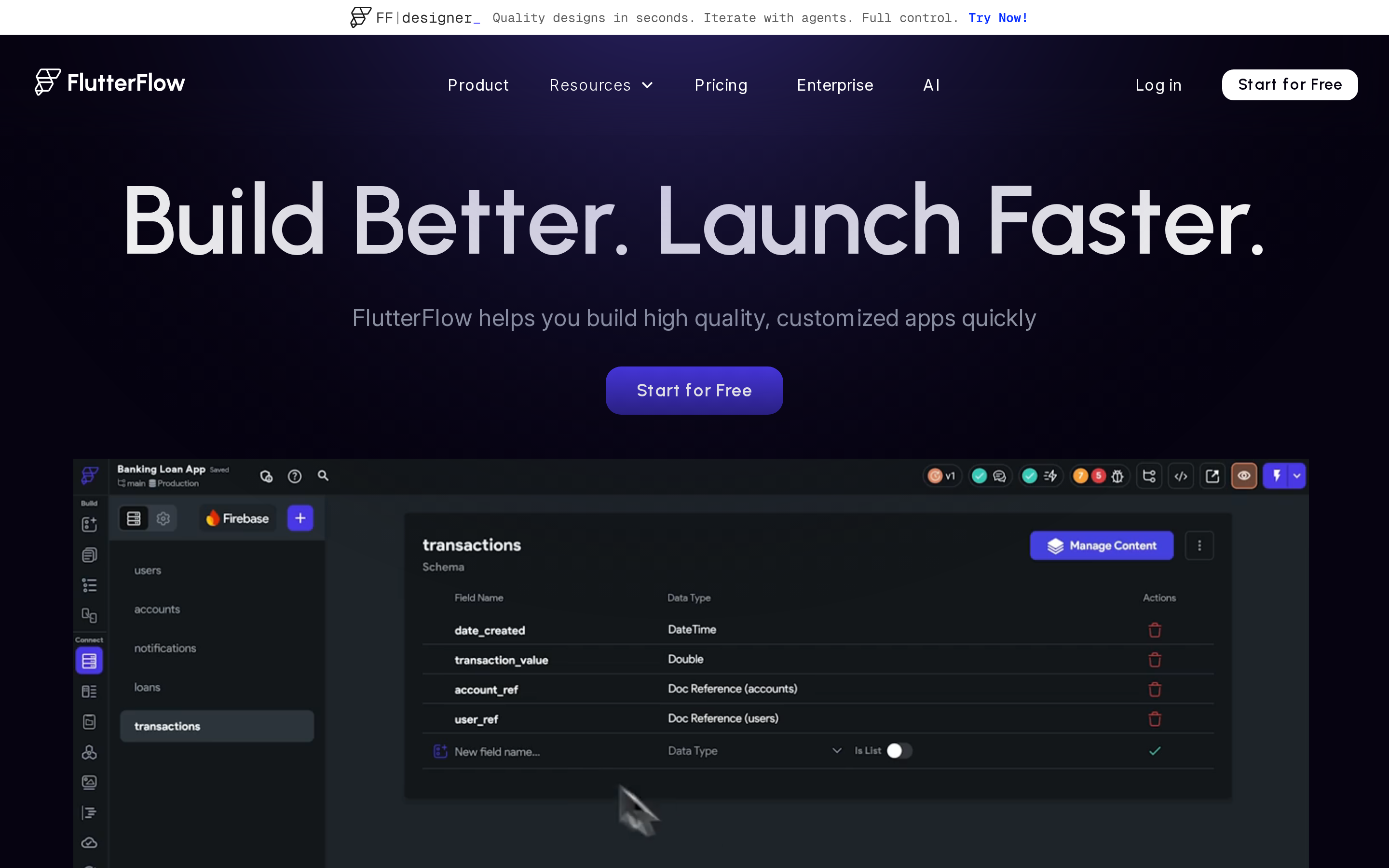 FlutterFlow visual low-code design canvas with drag-and-drop widgets