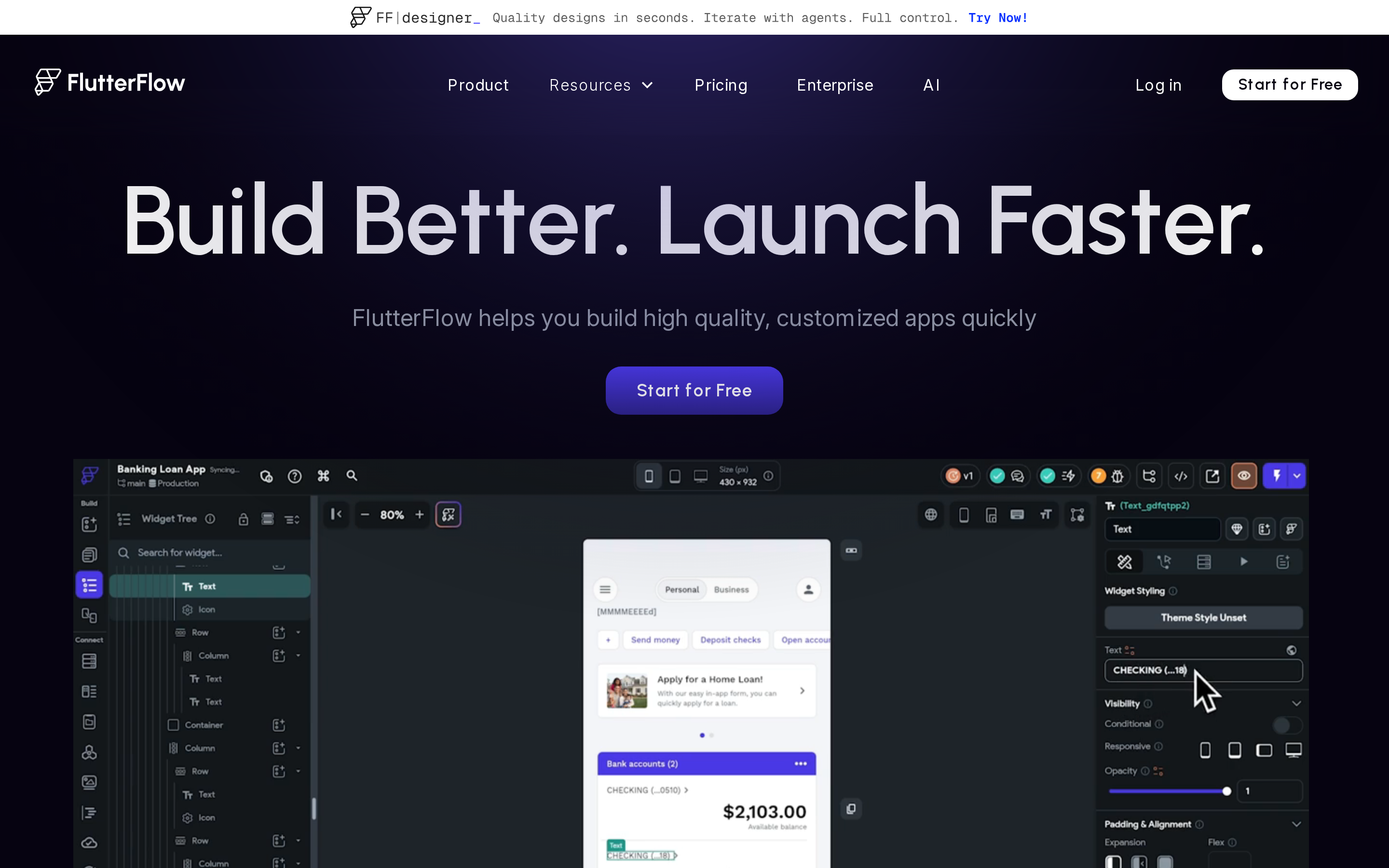 FlutterFlow visual builder interface with design canvas and code export options