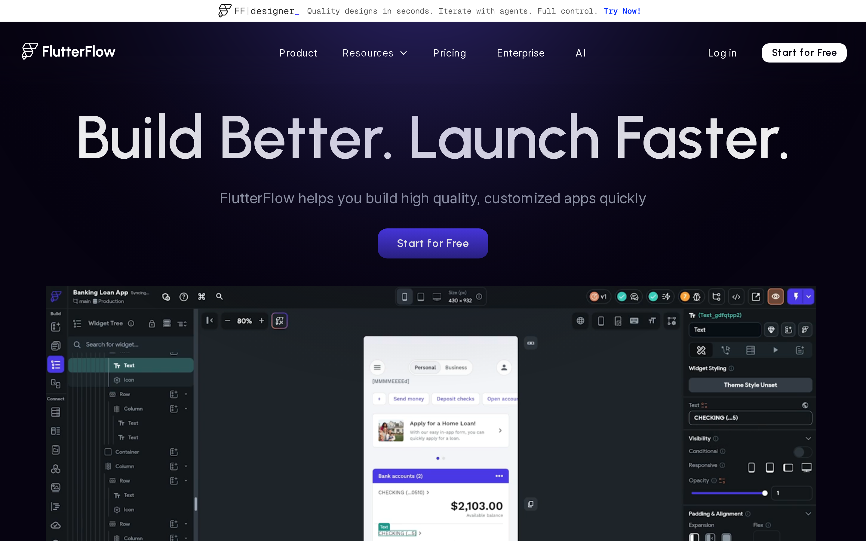FlutterFlow low-code visual editor with full Dart/Flutter code export
