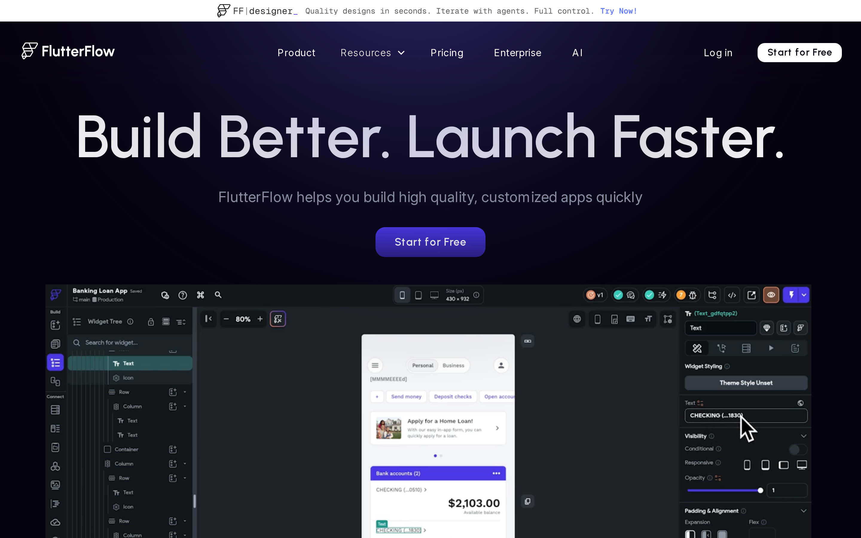 FlutterFlow's visual drag-and-drop editor showing widget tree, canvas, and properties panel