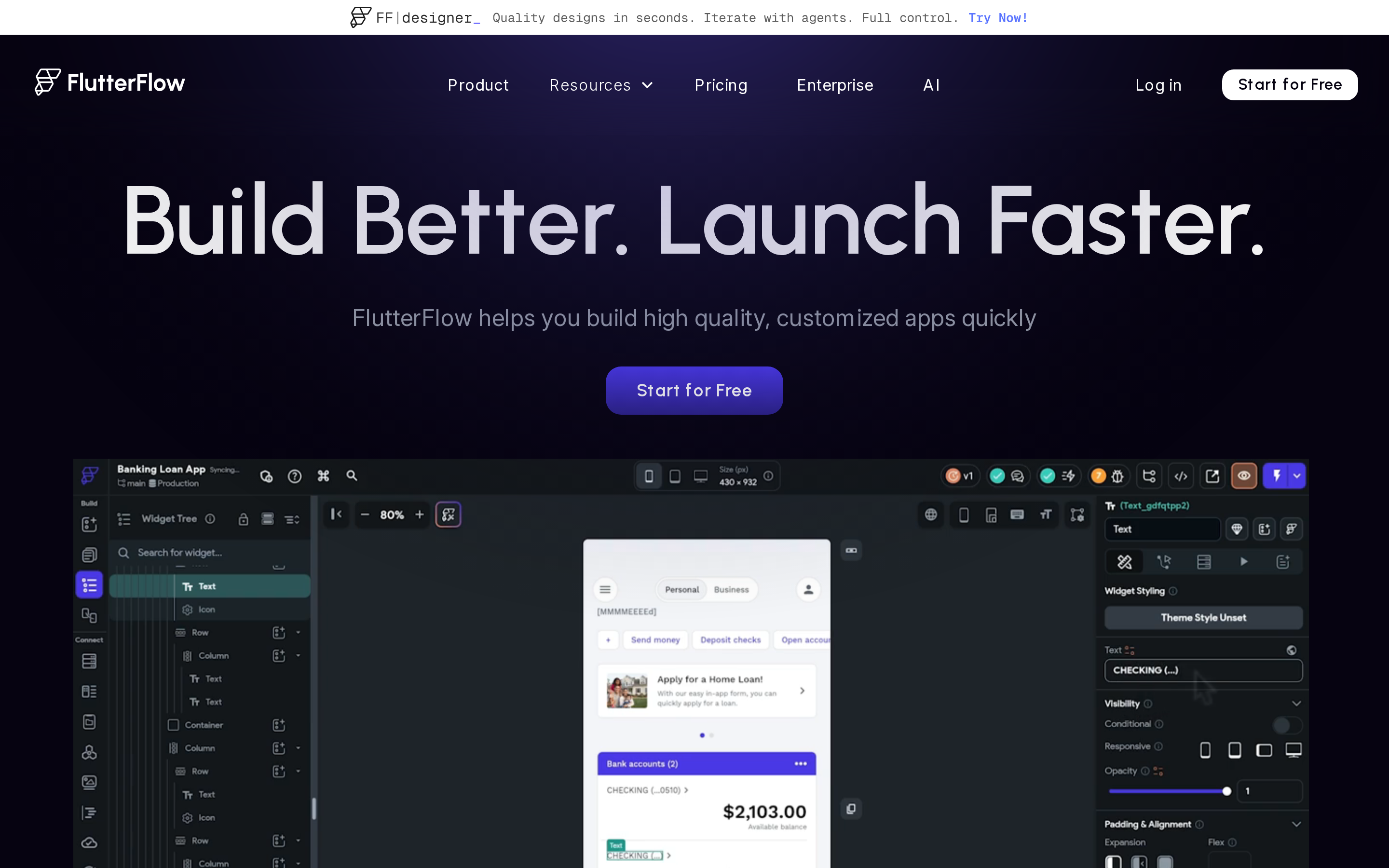 FlutterFlow's visual canvas editor — build native iOS and Android apps with drag-and-drop UI and real Flutter code export