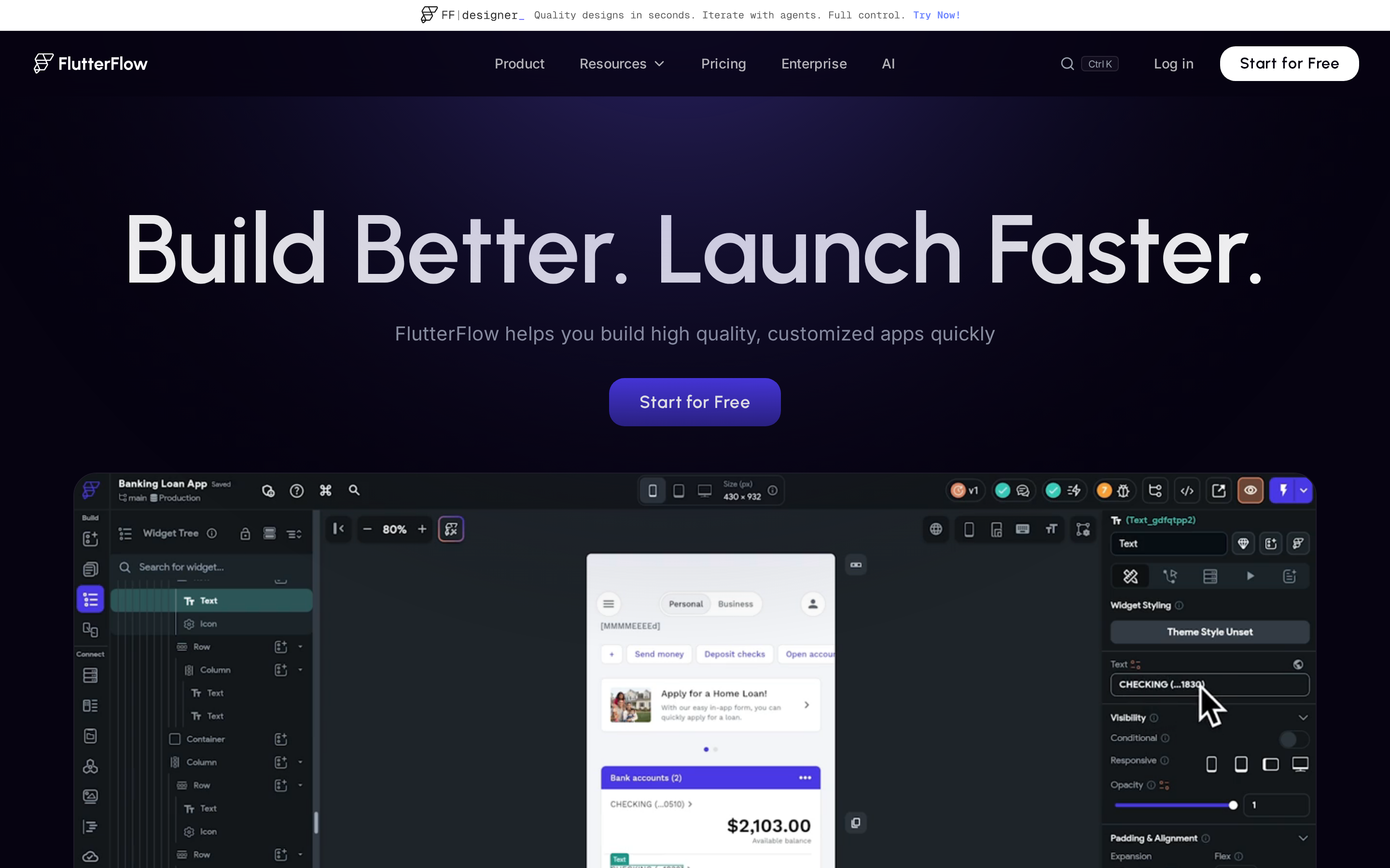 FlutterFlow landing page: visual Flutter builder with downloadable project code