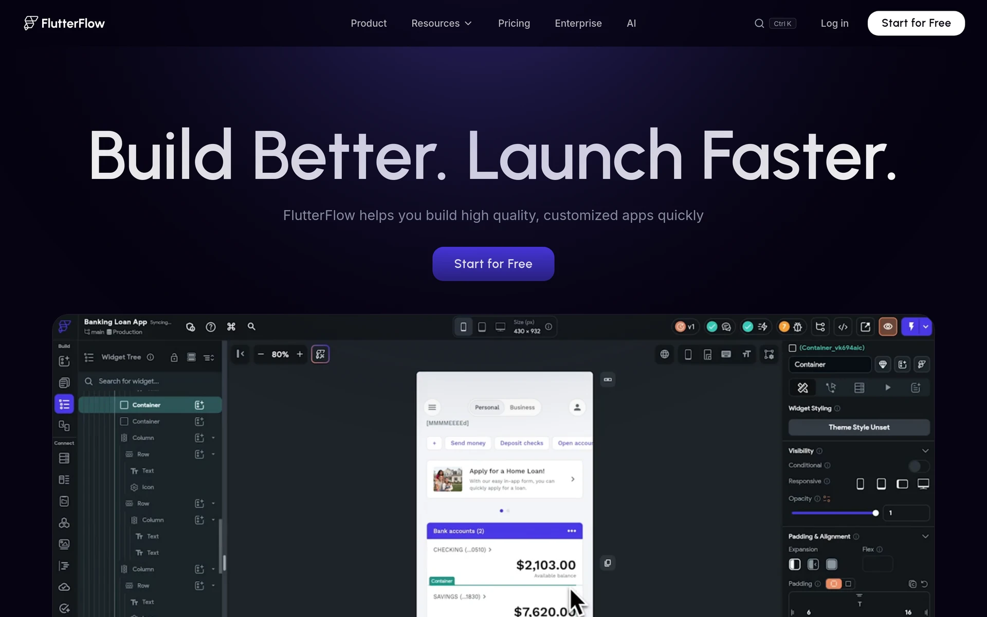 FlutterFlow visual app builder with a widget tree, mobile screen canvas and properties panel