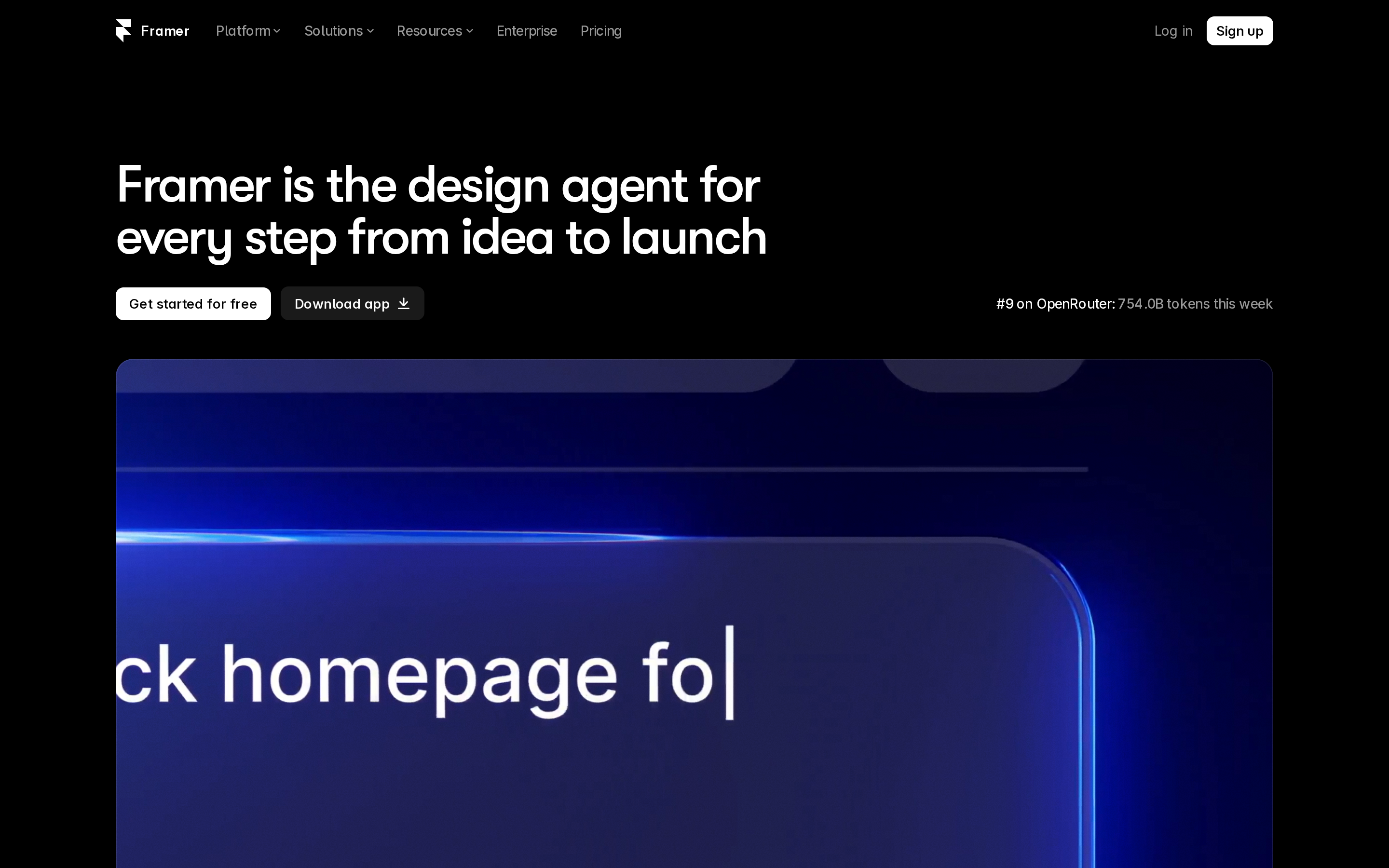 Framer landing page showing its AI website design and publishing workflow