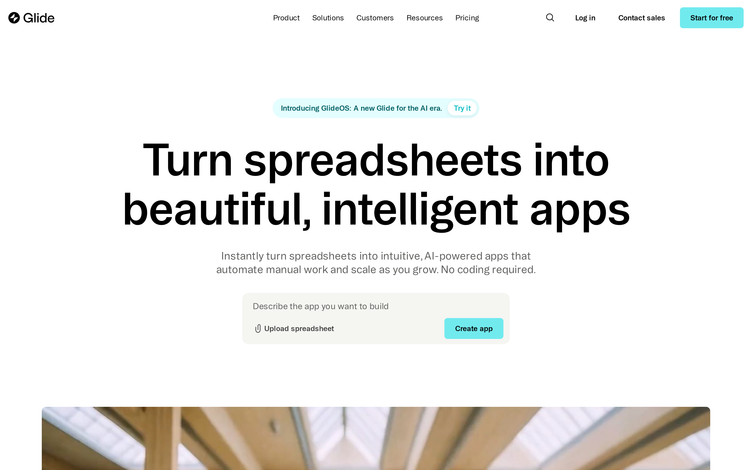 Glide landing page: turn spreadsheets and business data into browser apps and internal tools