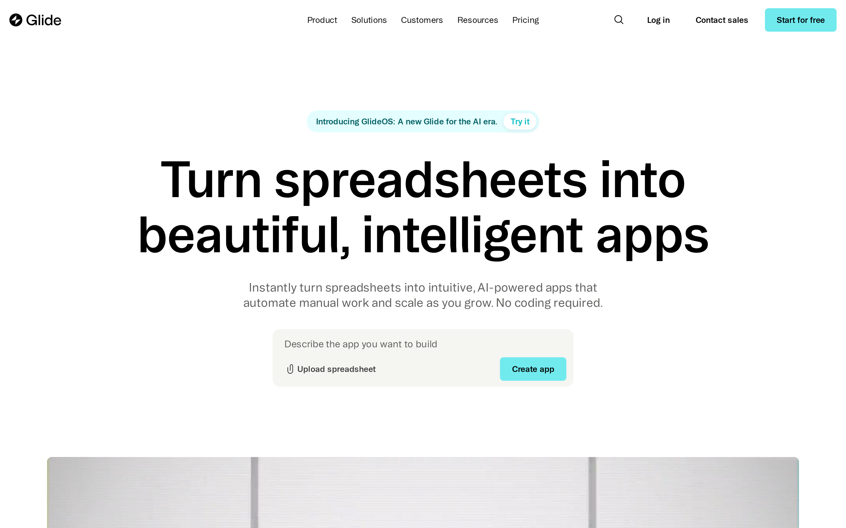 Glide landing page showing its spreadsheet-driven builder that turns tables into web apps