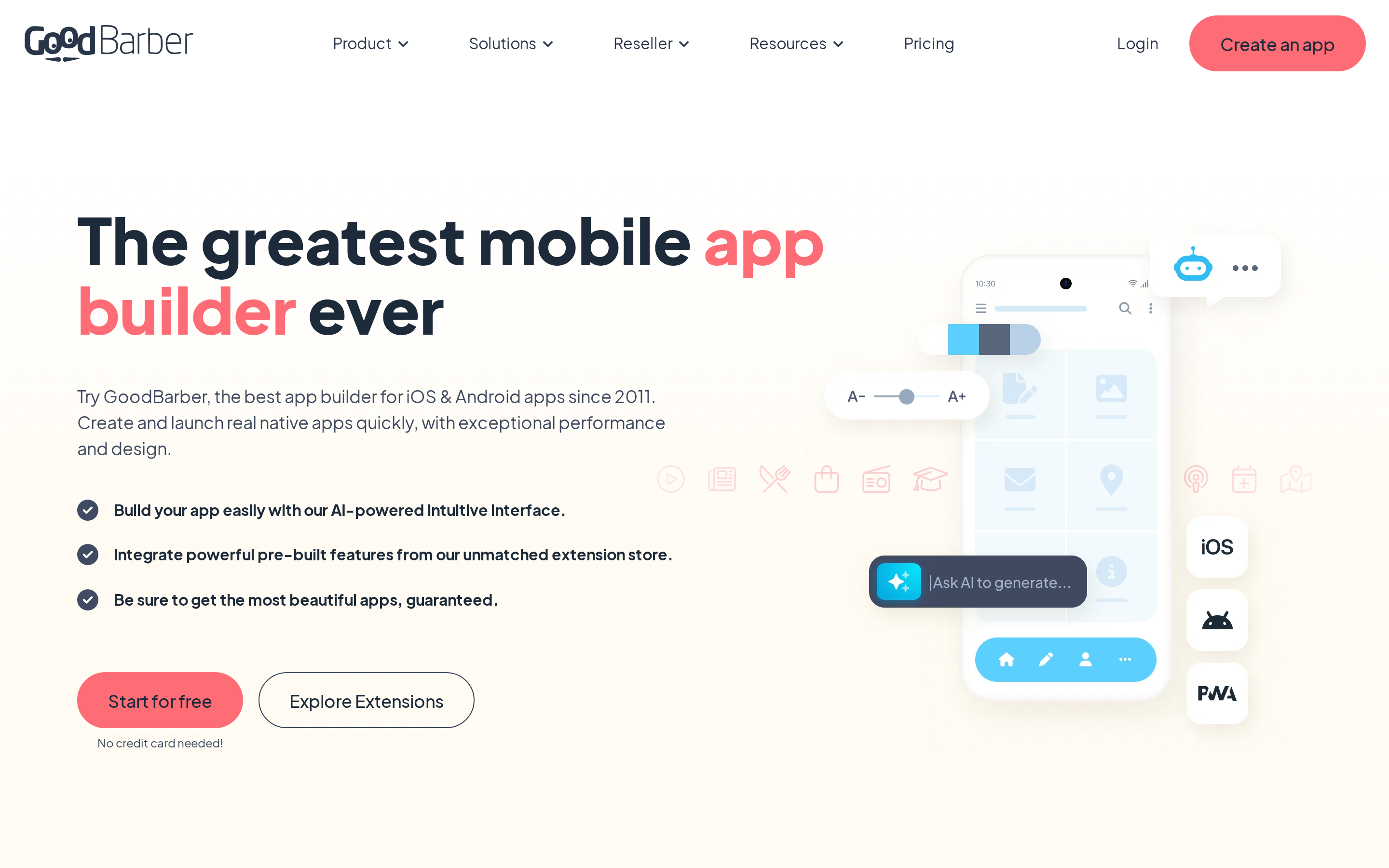 GoodBarber app builder editor with template-driven WYSIWYG interface