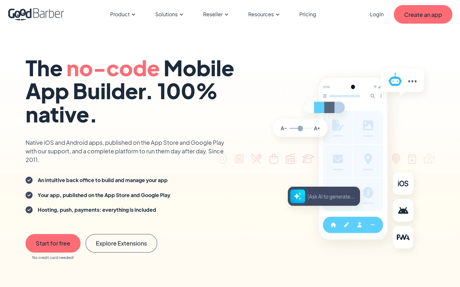 GoodBarber native mobile app builder homepage with a phone illustration and publishing options