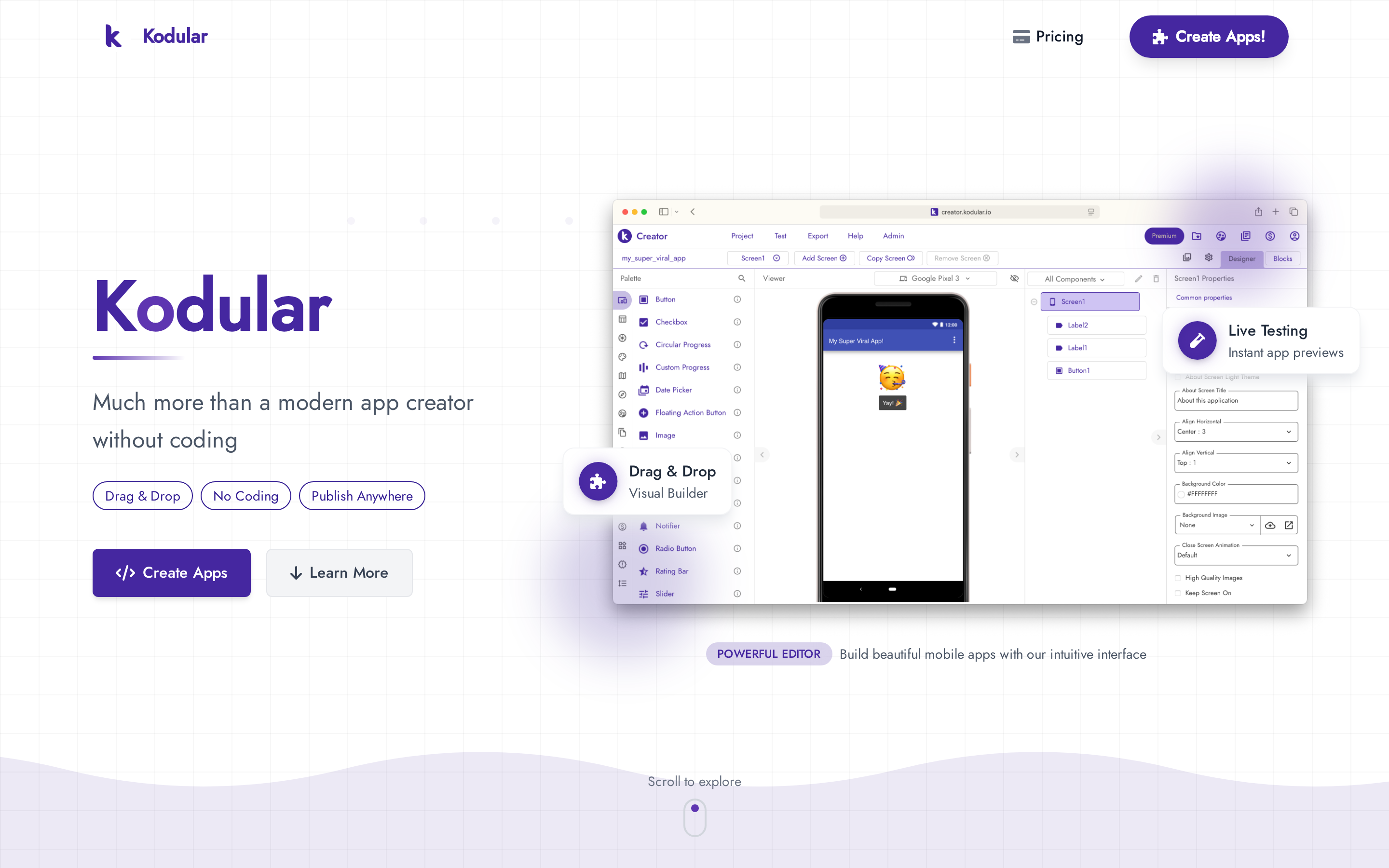 Kodular blocks-based Android app builder interface