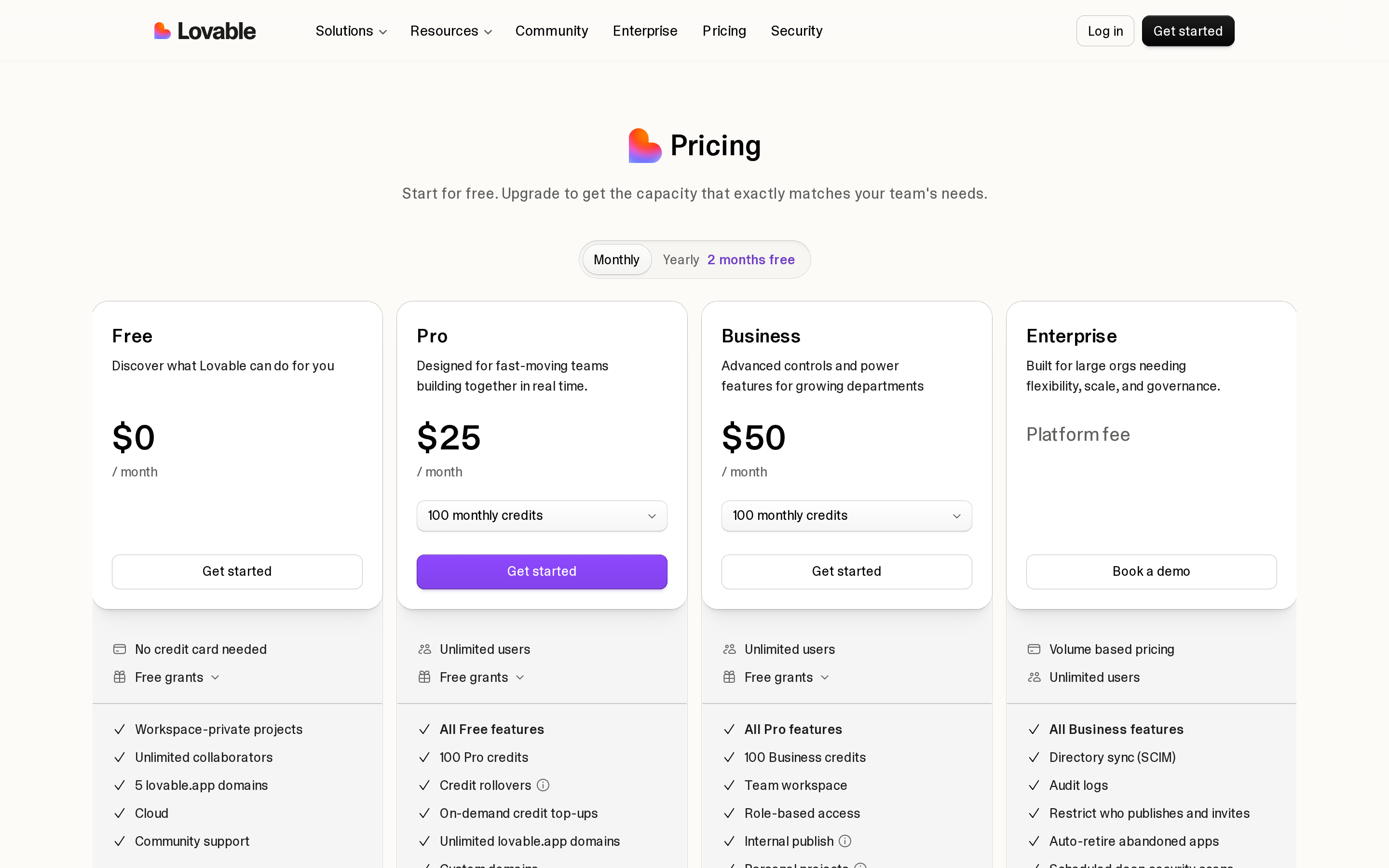 Lovable pricing page showing Free, Pro at $25, Business at $50, and Enterprise plans