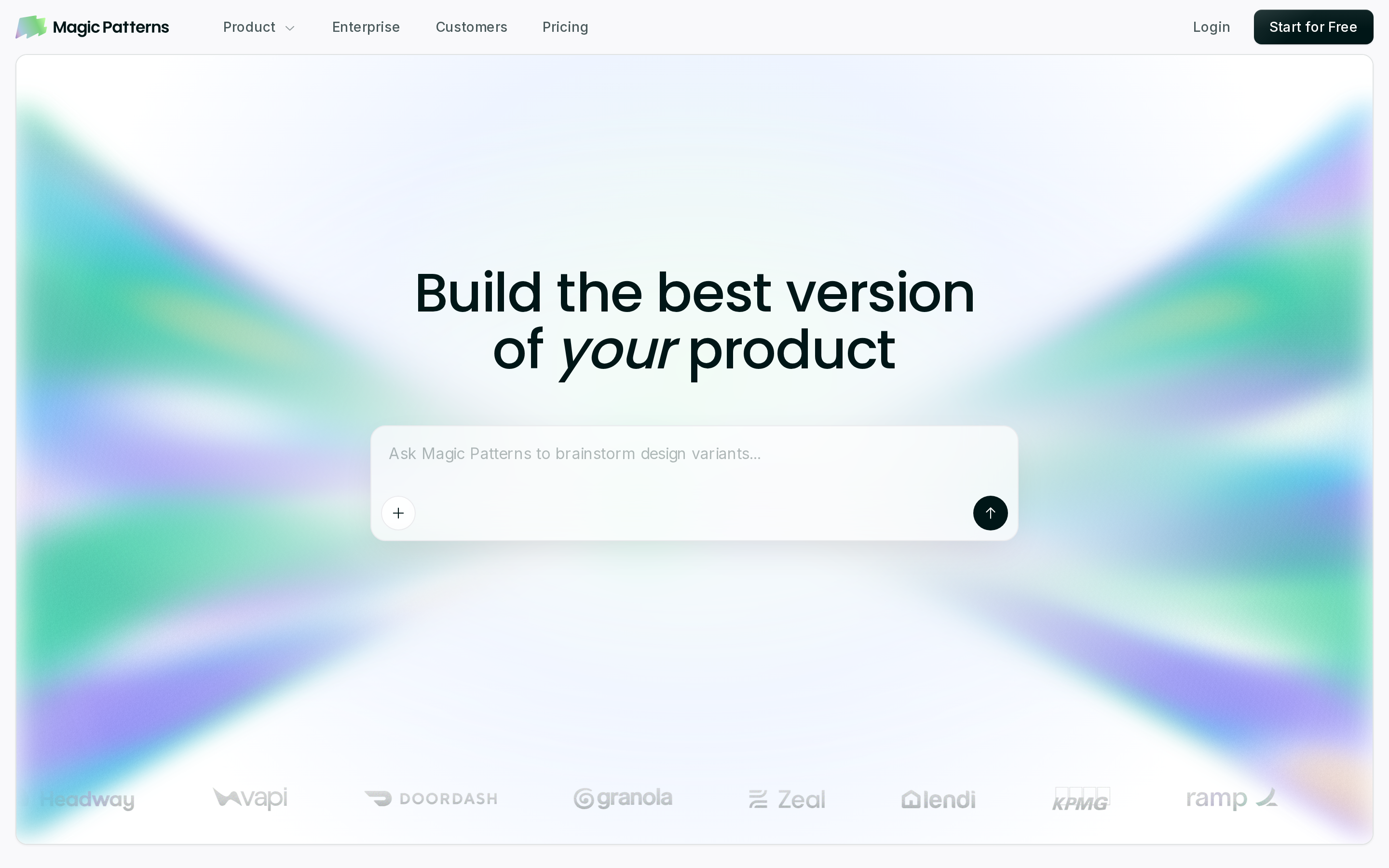 Magic Patterns homepage with a prompt box for brainstorming design variants of your product
