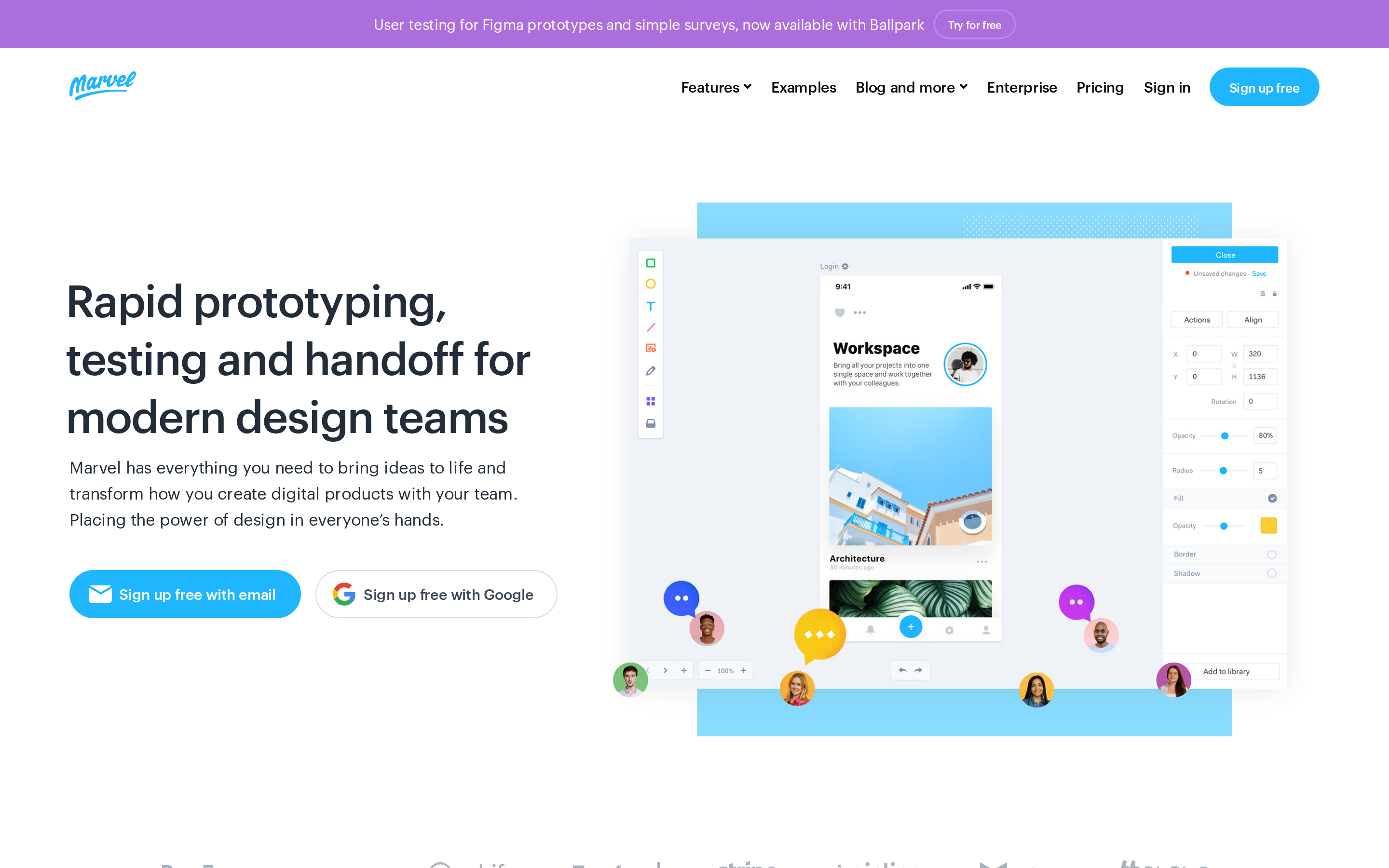 Marvel landing page hero showing its browser-based prototyping and user testing workflow