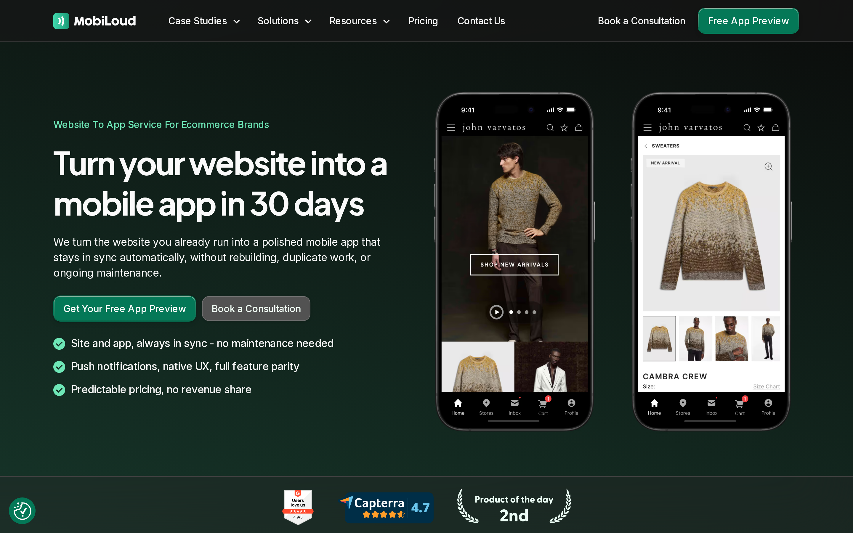 MobiLoud landing page: managed service that turns an existing site into native iOS and Android apps