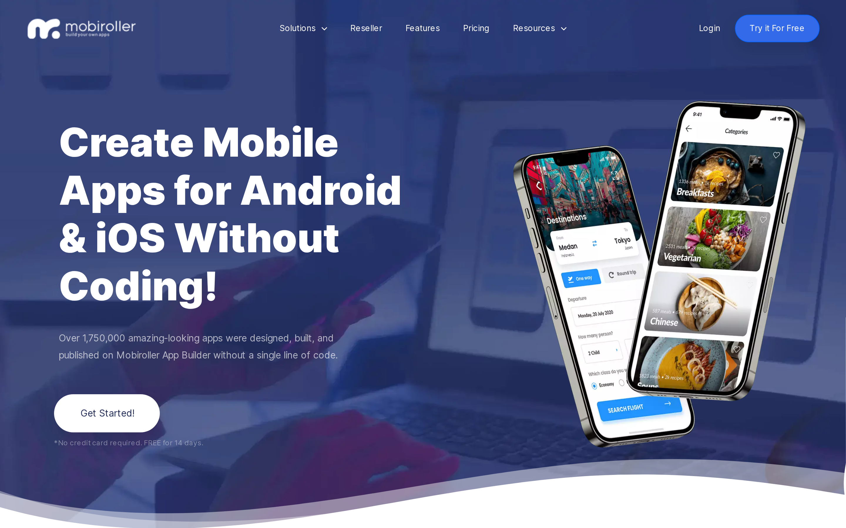 Mobiroller website showing its no-code mobile app builder