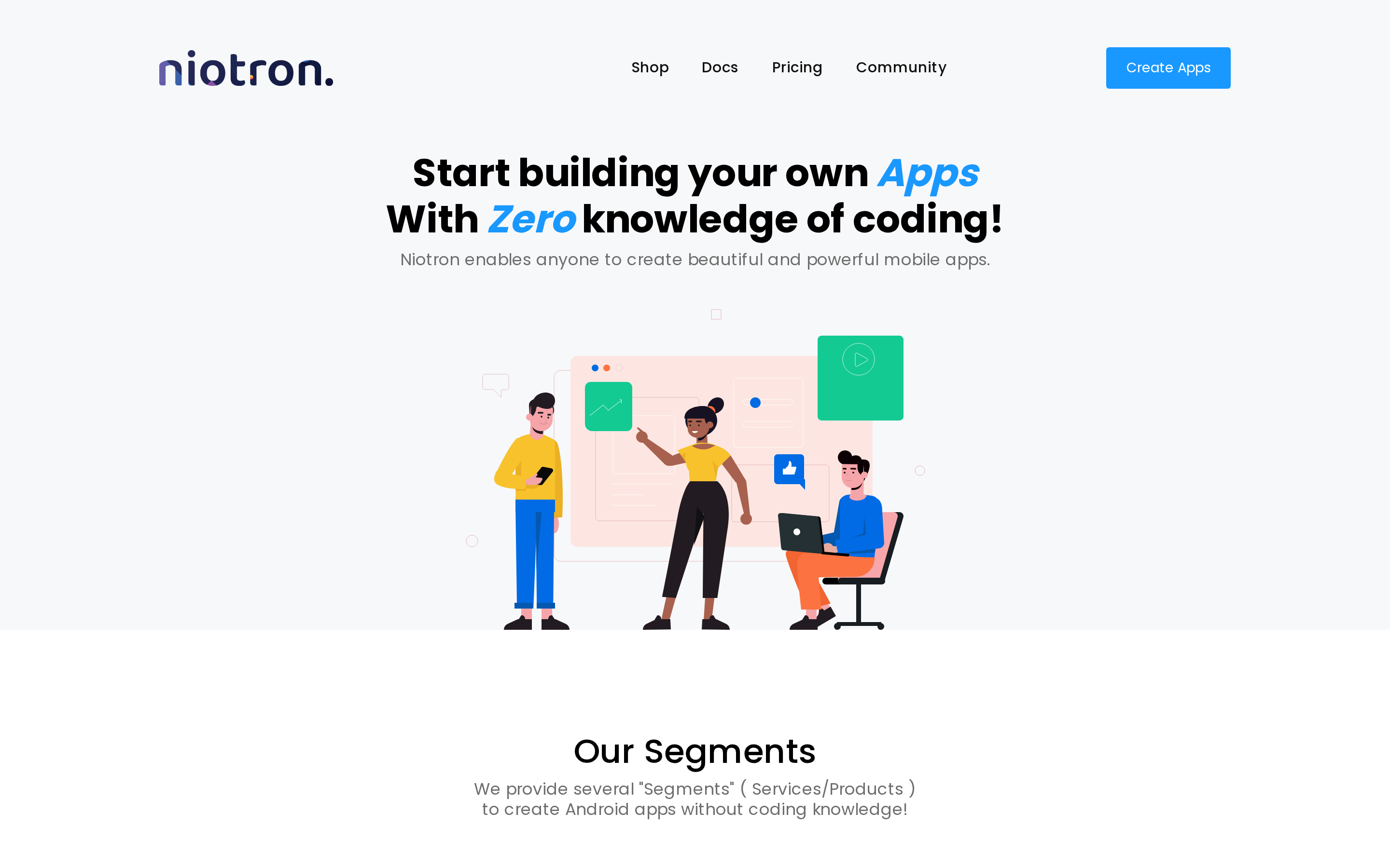 Niotron landing page showing its Android no-code block builder with custom Java extension support