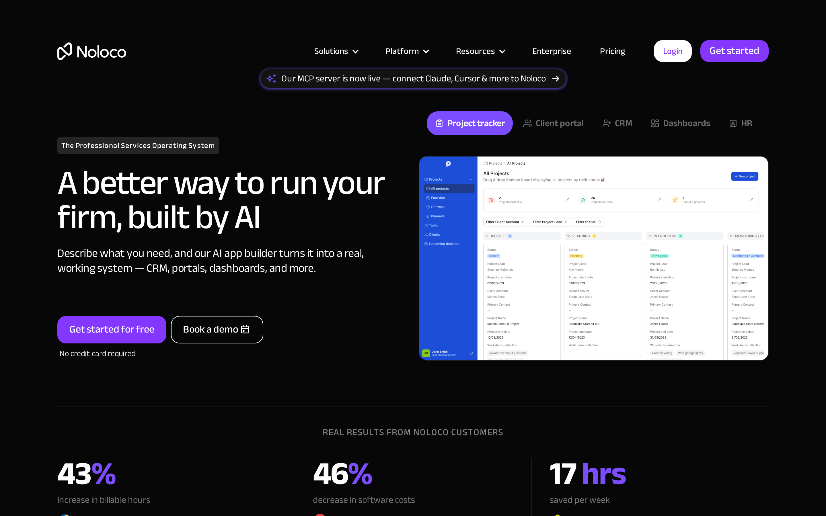 Noloco landing page: no-code client portals and internal tools over Airtable, Sheets, and databases