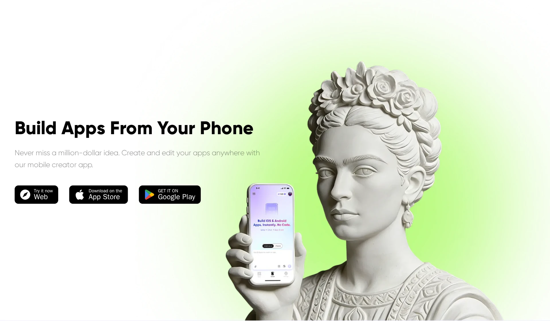 OnSpace mobile app creator homepage with a phone preview and web, App Store and Google Play buttons