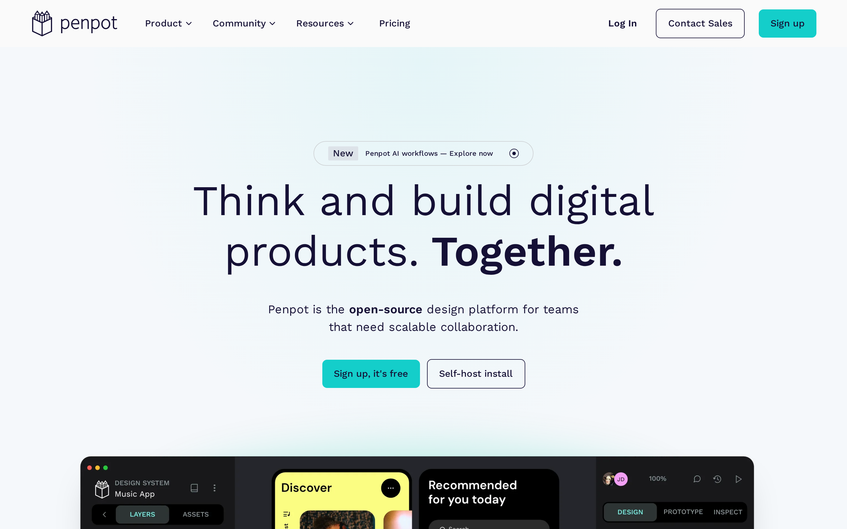 Penpot landing page hero showing its open-source browser-based design and prototyping tool