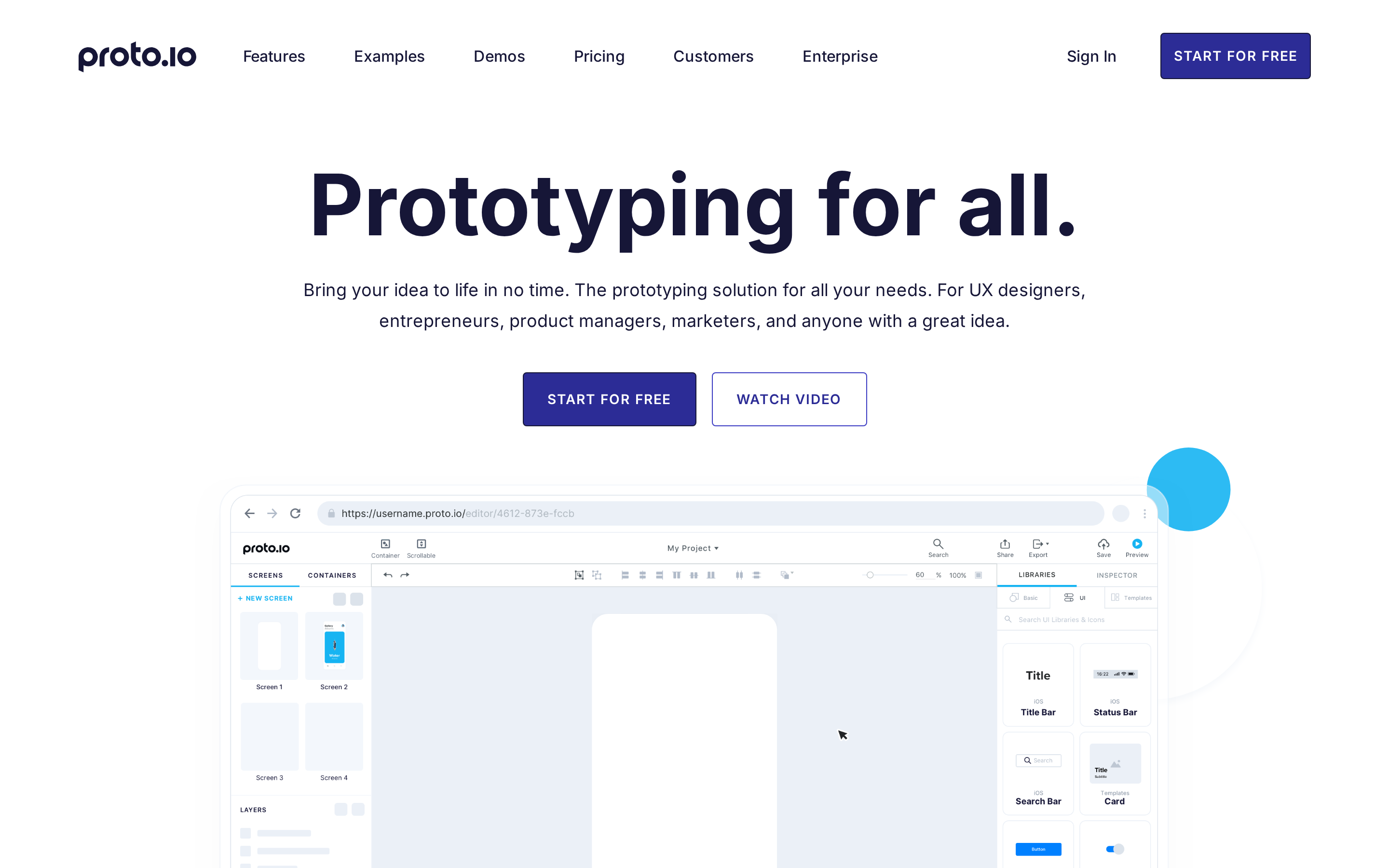 Proto.io editor with screen list, UI component library, and mobile prototype canvas