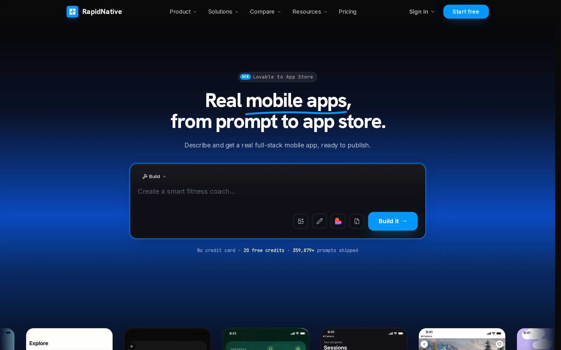 RapidNative AI app builder landing page with an app-description input and Build it button