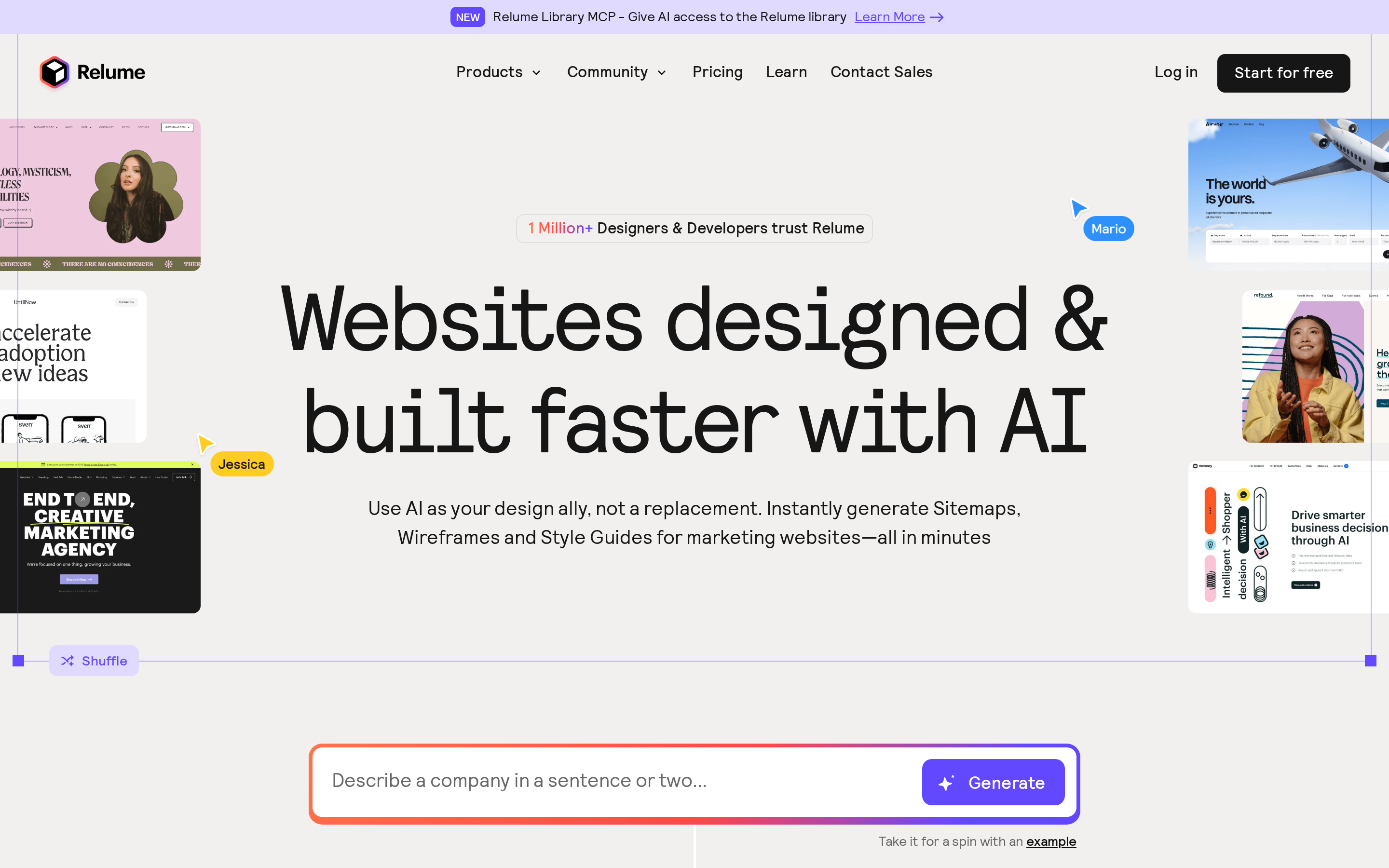 Relume AI landing page showing AI-generated sitemaps and wireframes for websites
