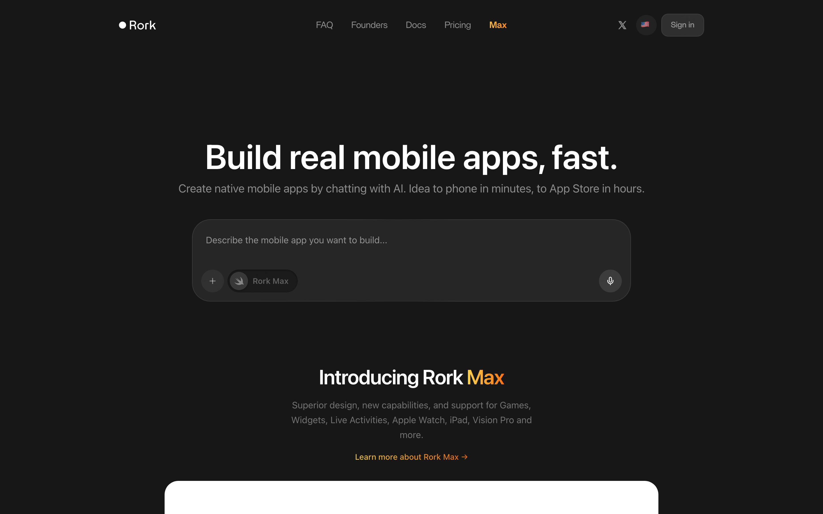 Rork landing page hero showing its AI mobile app builder positioning