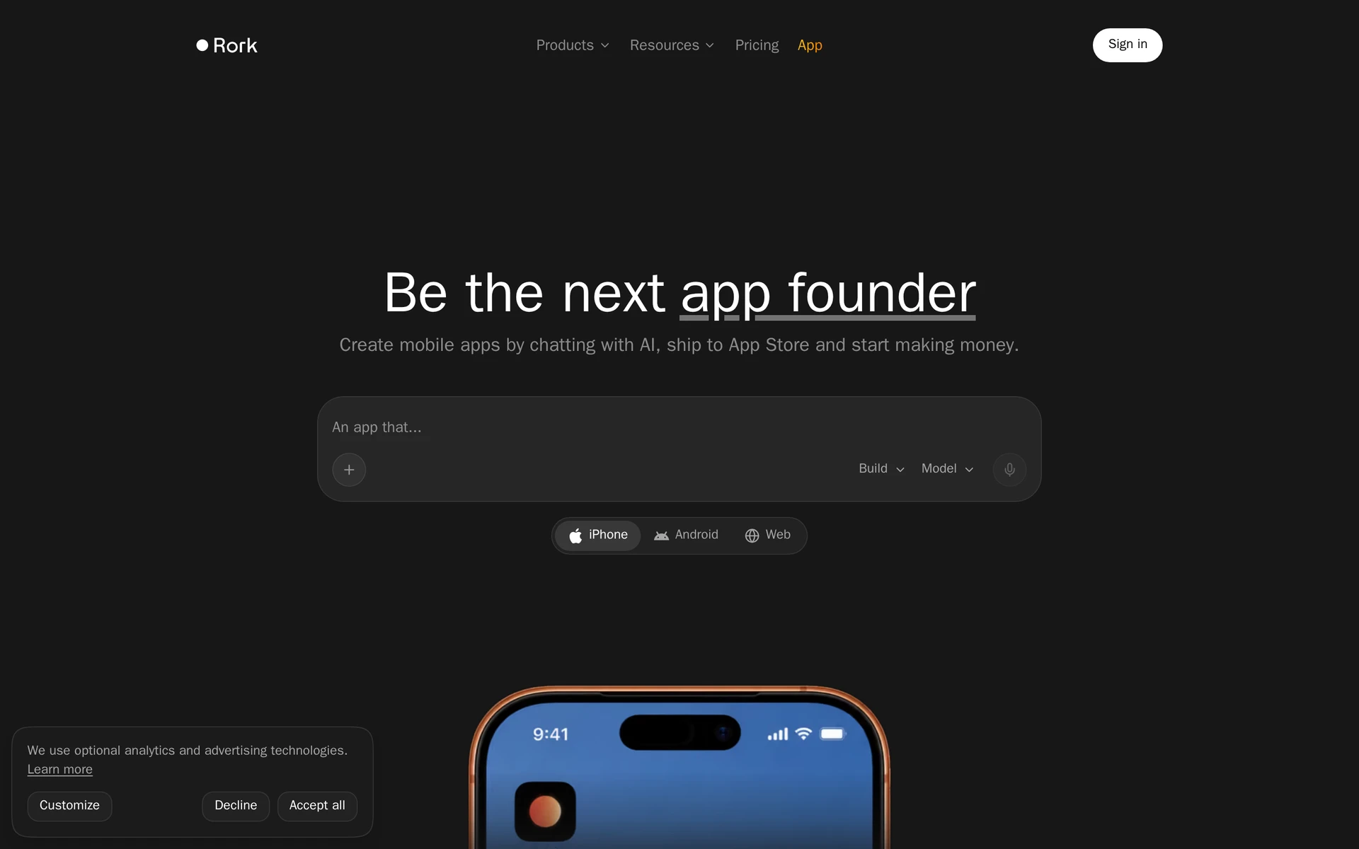 Rork AI app builder landing page with an app-idea prompt and iPhone, Android and web selectors