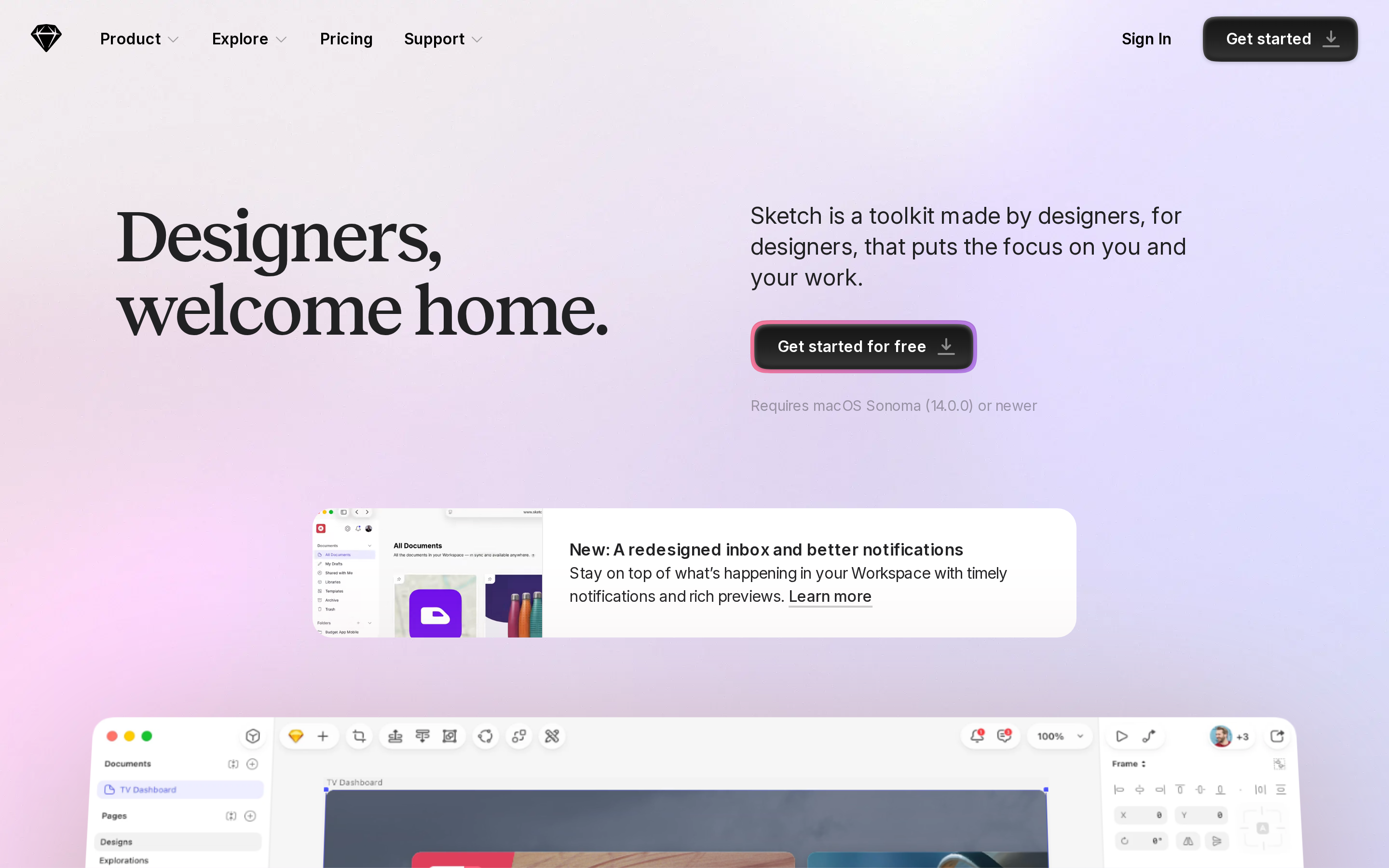 Sketch landing page hero showing its native macOS interface design app