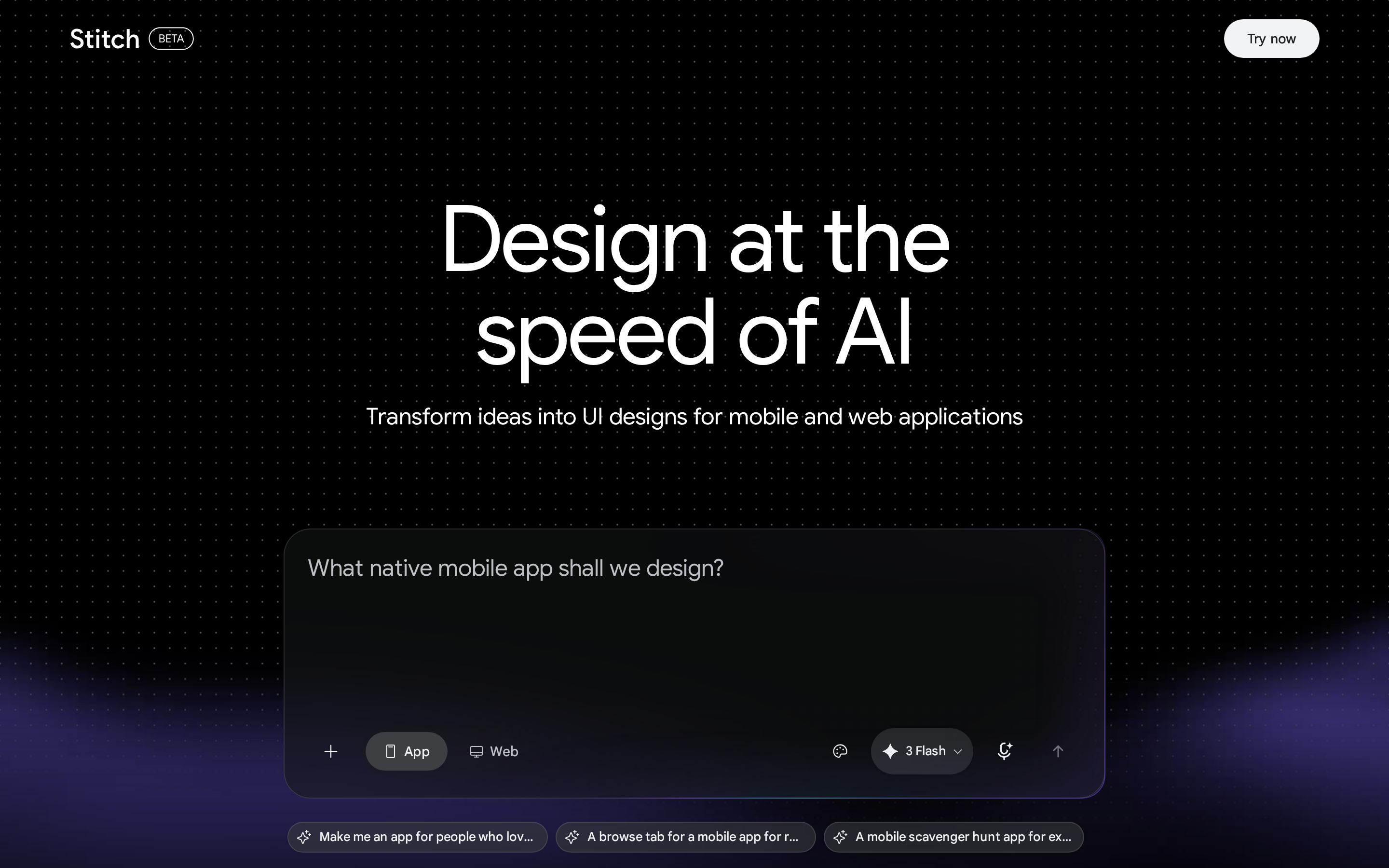 Stitch by Google landing page showing prompts and sketches turned into UI designs